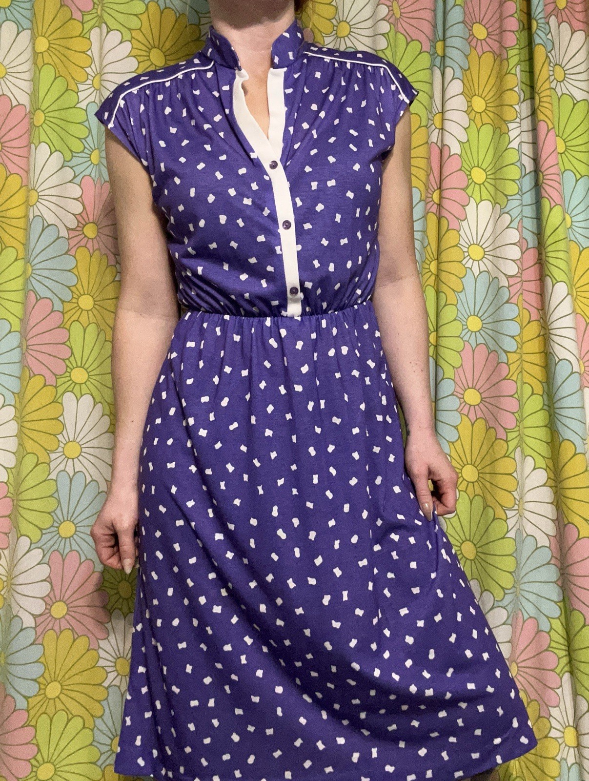 Vtg Shirtwaist Midi Day Dress Geo Dot Print Purple Retro Rockabilly Mod UNION MD