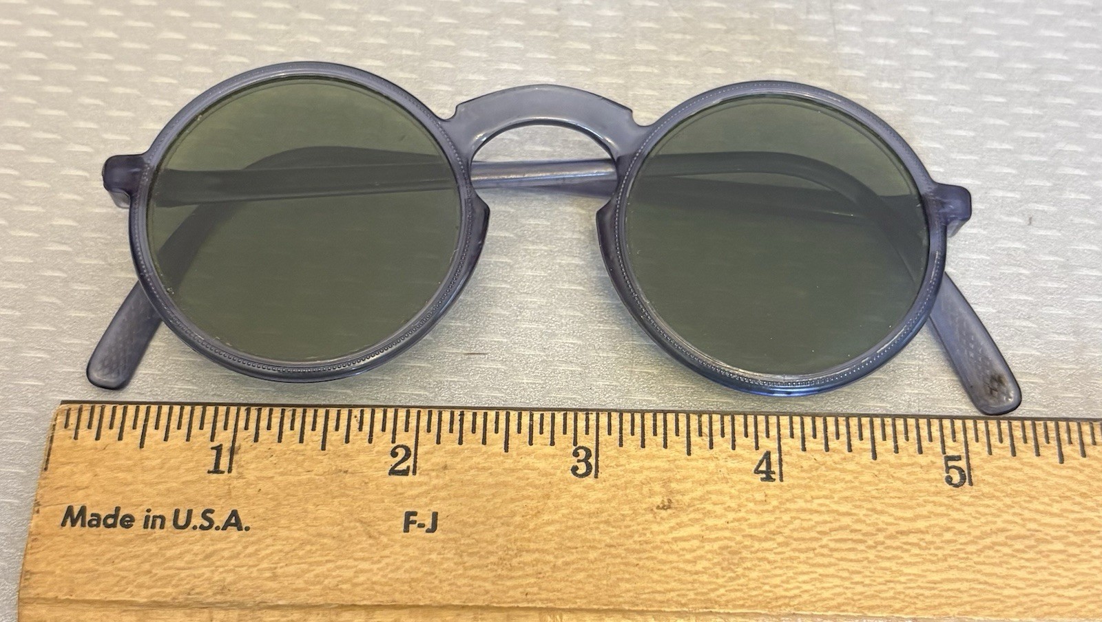 1930s Vintage Clear Blue Celluloid Sunglasses Round Green Lens Keyhole Bridge