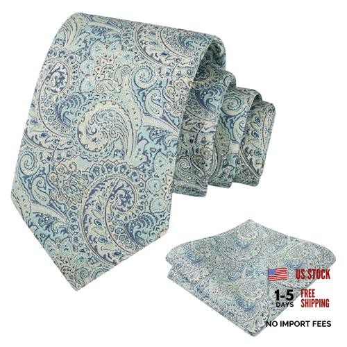 Mens 2pcs Paisley 3.15” Tie Set with Hanky Casual Floral 919-sage Green+navy