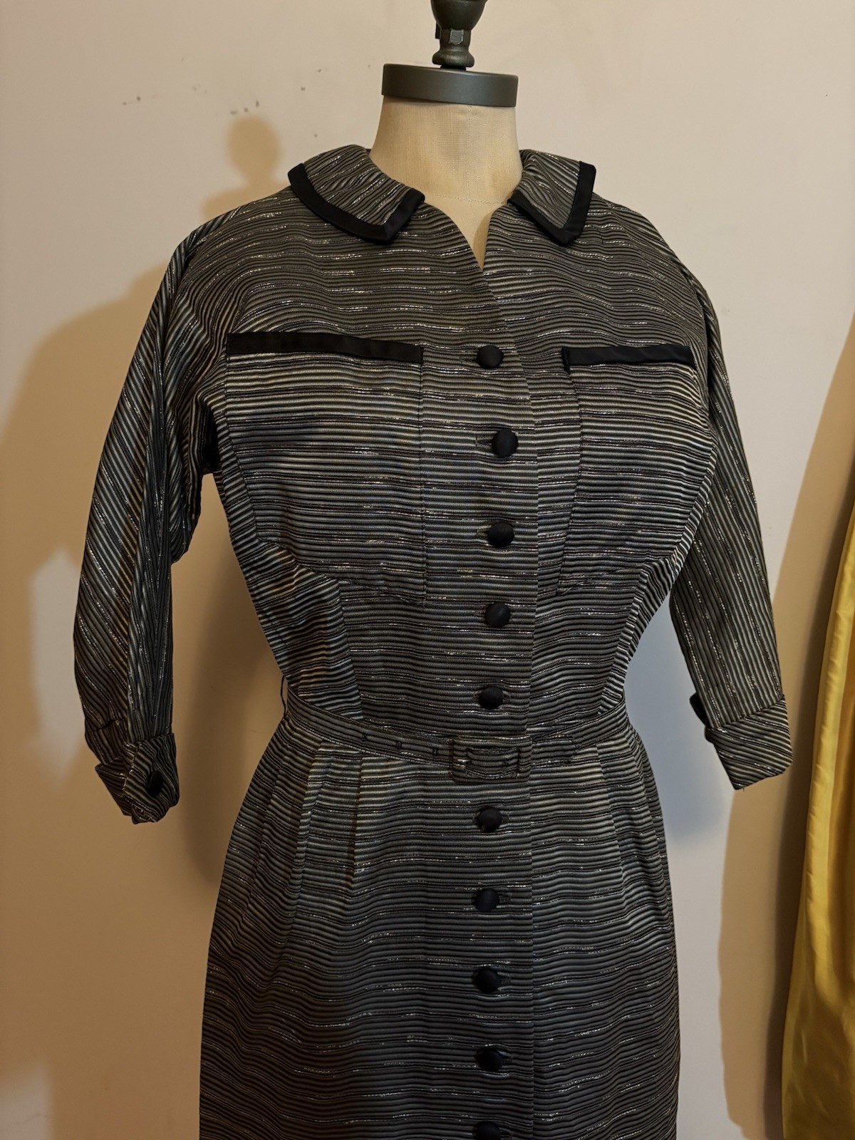 Vintage 1950s Women’s Black & Silver Striped Button Up Dress Dolman Sleeves