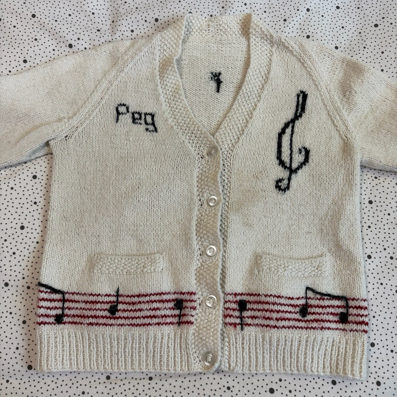 Vintage 1970s Knit Cardigan Sweater Women’s Medium (20×22.5) Music Dance Artsy