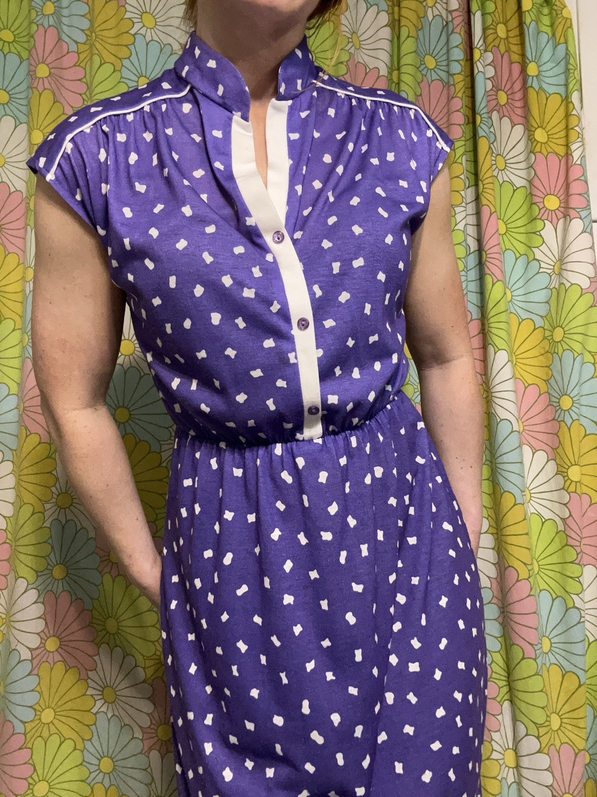 Vtg Shirtwaist Midi Day Dress Geo Dot Print Purple Retro Rockabilly Mod UNION MD