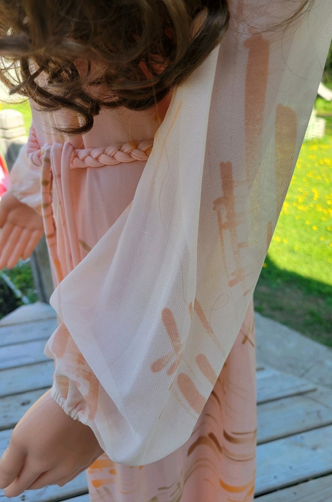 Vintage 70s Abstract Print Midi Dress Pink Peach Sheer Long Sleeve Braided Belt