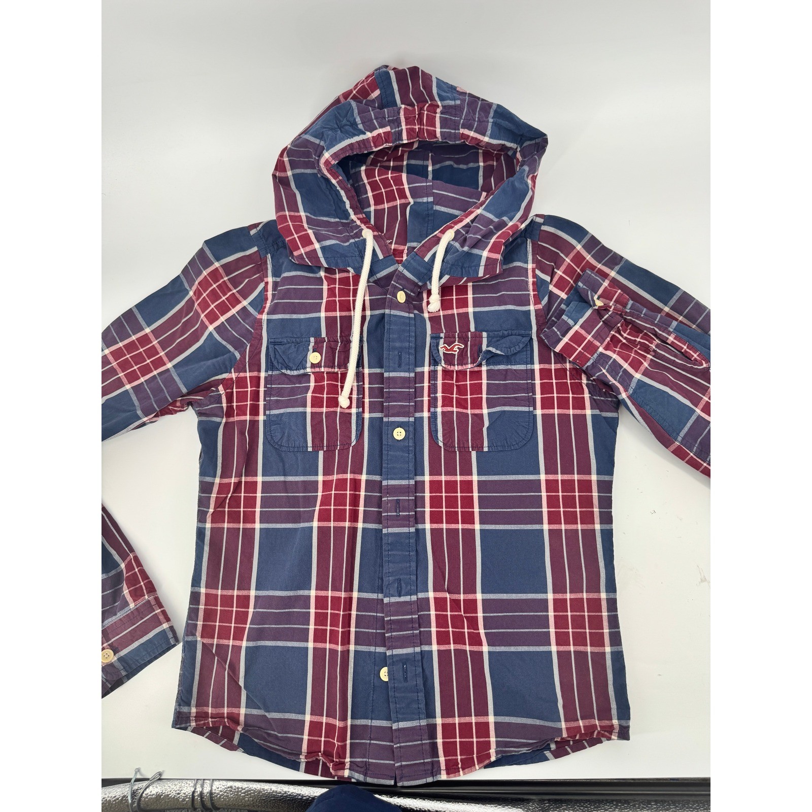 Hollister Mens Shirt Medium Hooded Button Down Blue Red White Cotton