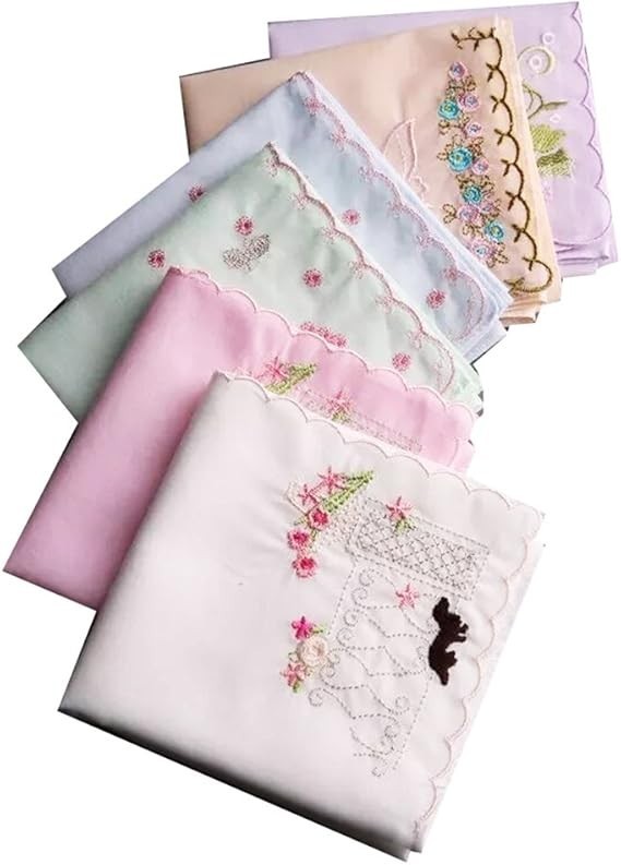 3x Assorted Ladies Novetly Embroidered Cotton Soft Handkerchiefs Scalloped