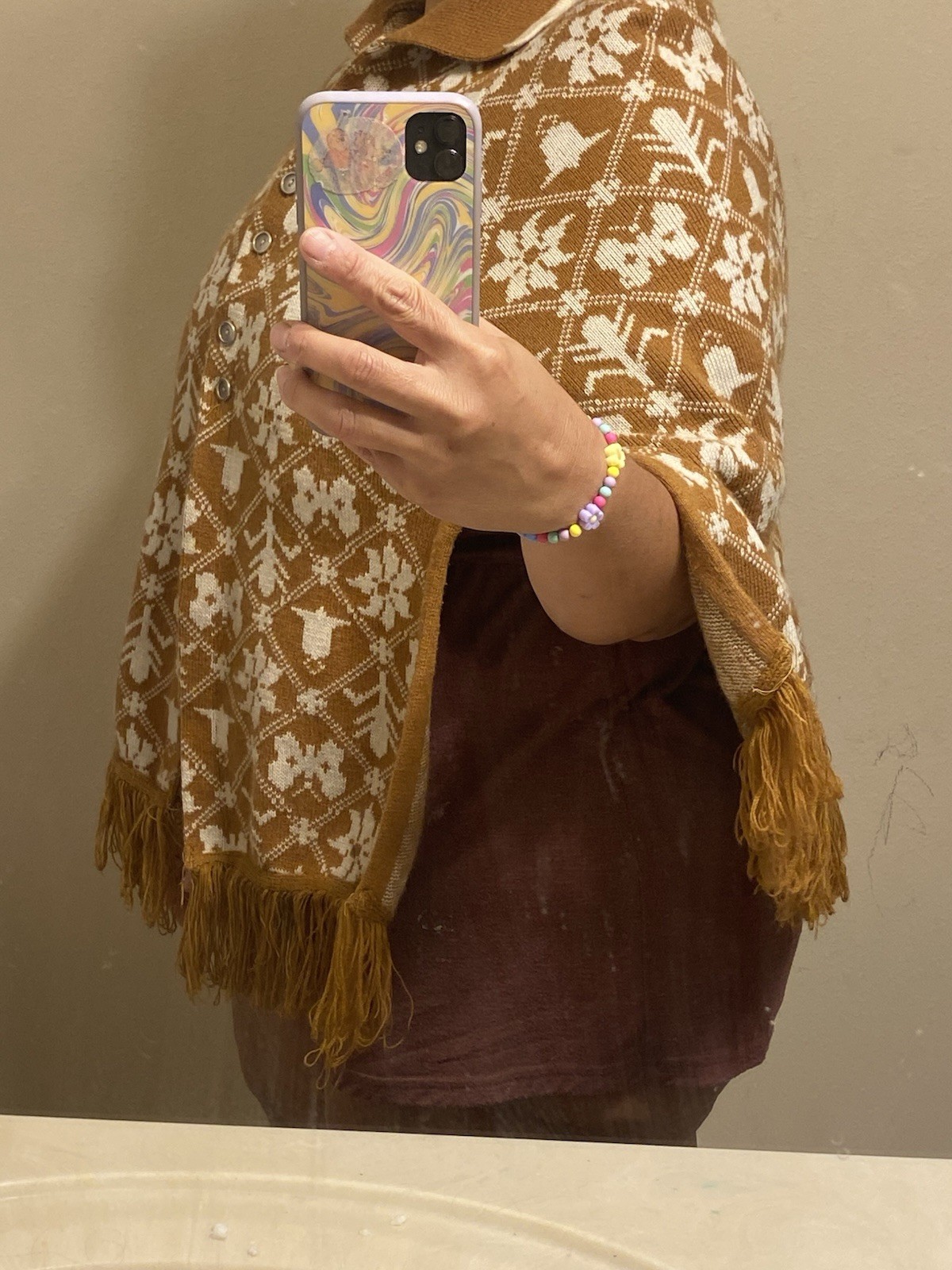 VTG OOAK Women’s Handmade Knit Cape Poncho Fringe Folk Art Boho Wester L/XL 70s