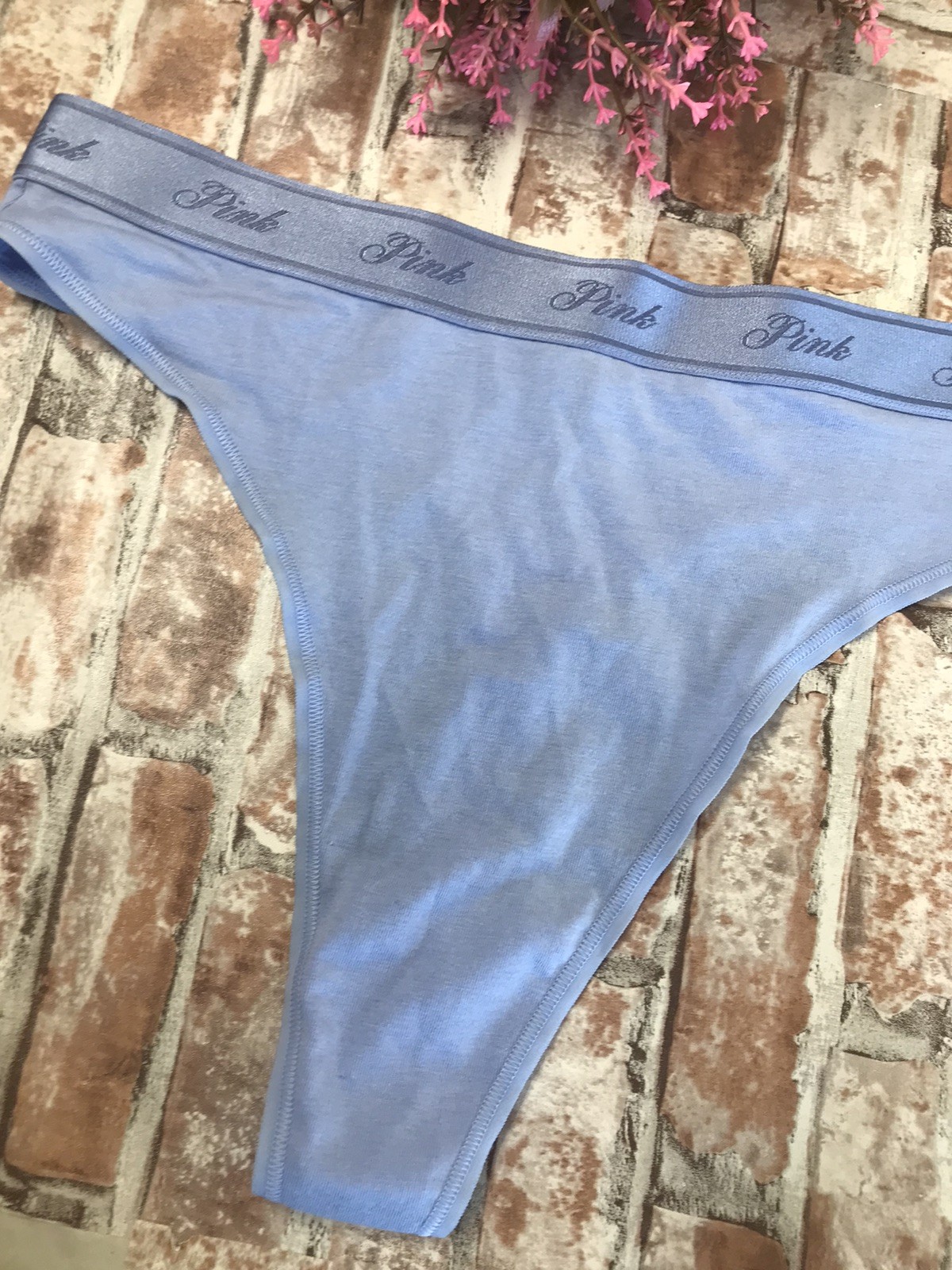 NEW PINK BY VICTORIA’S SECRET LOGO LARGE COTTON SMOOTH SKY BLUE THONG PANTIES