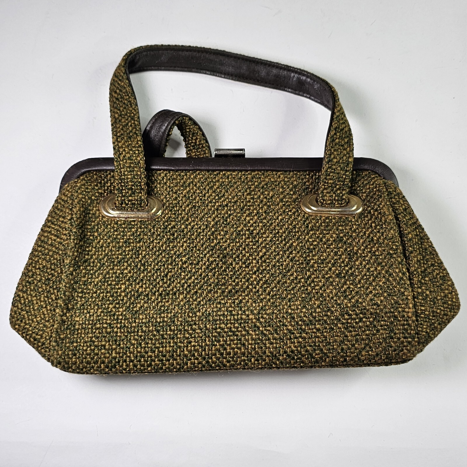 1950s 1960s JR Julius Resnick Florida Green Brown Tweed Top Handle Handbag 13in