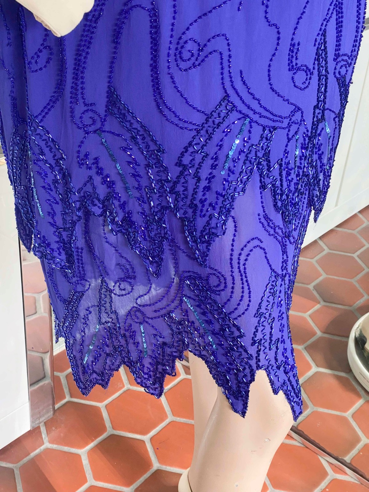 VTG Blue Silk Beaded Drop waist Layer Dress 1920s Flapper Inspired Size L-XL