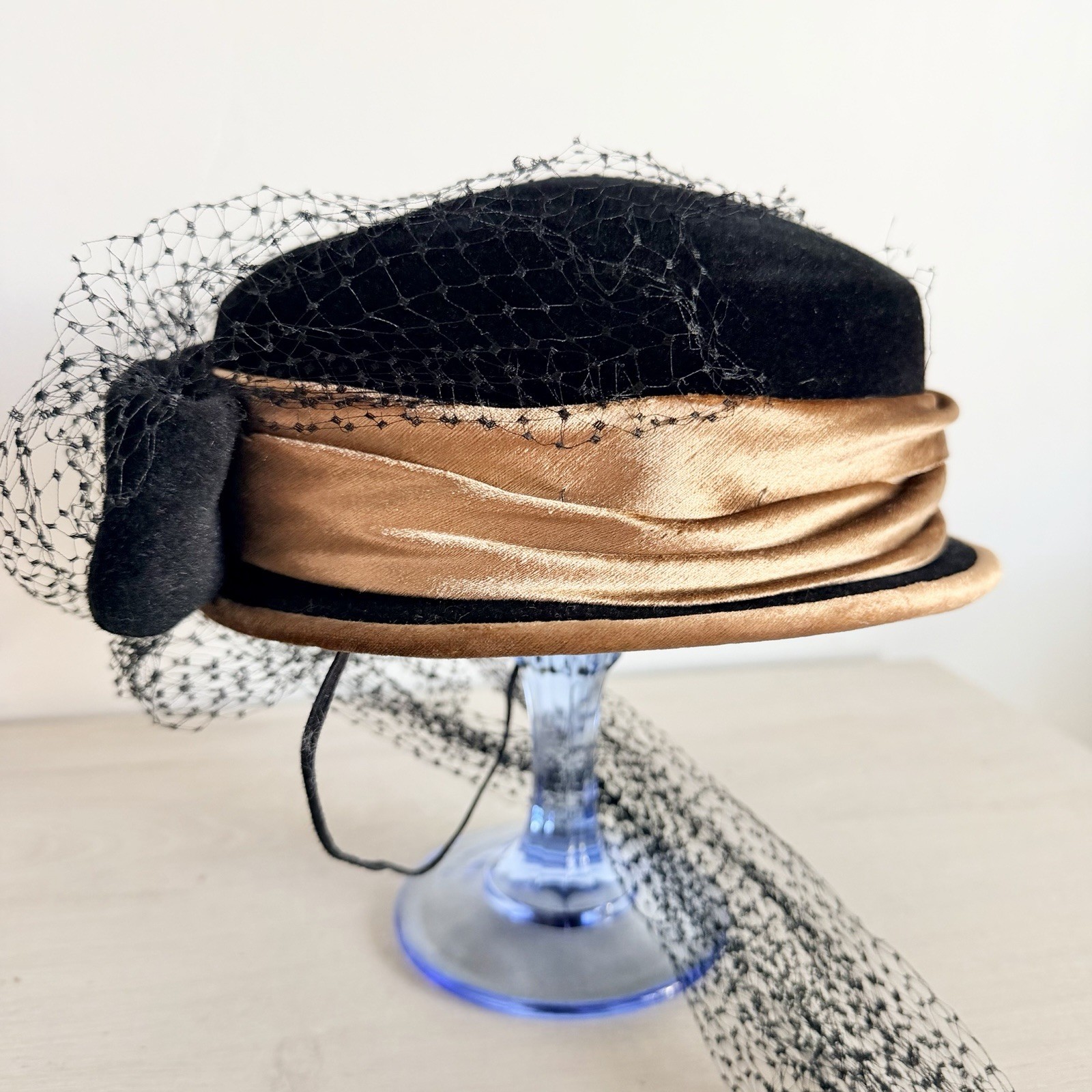 Vintage Original By Michael Terre Hat Black Velvet Gold Silk Band Birdcage Veil