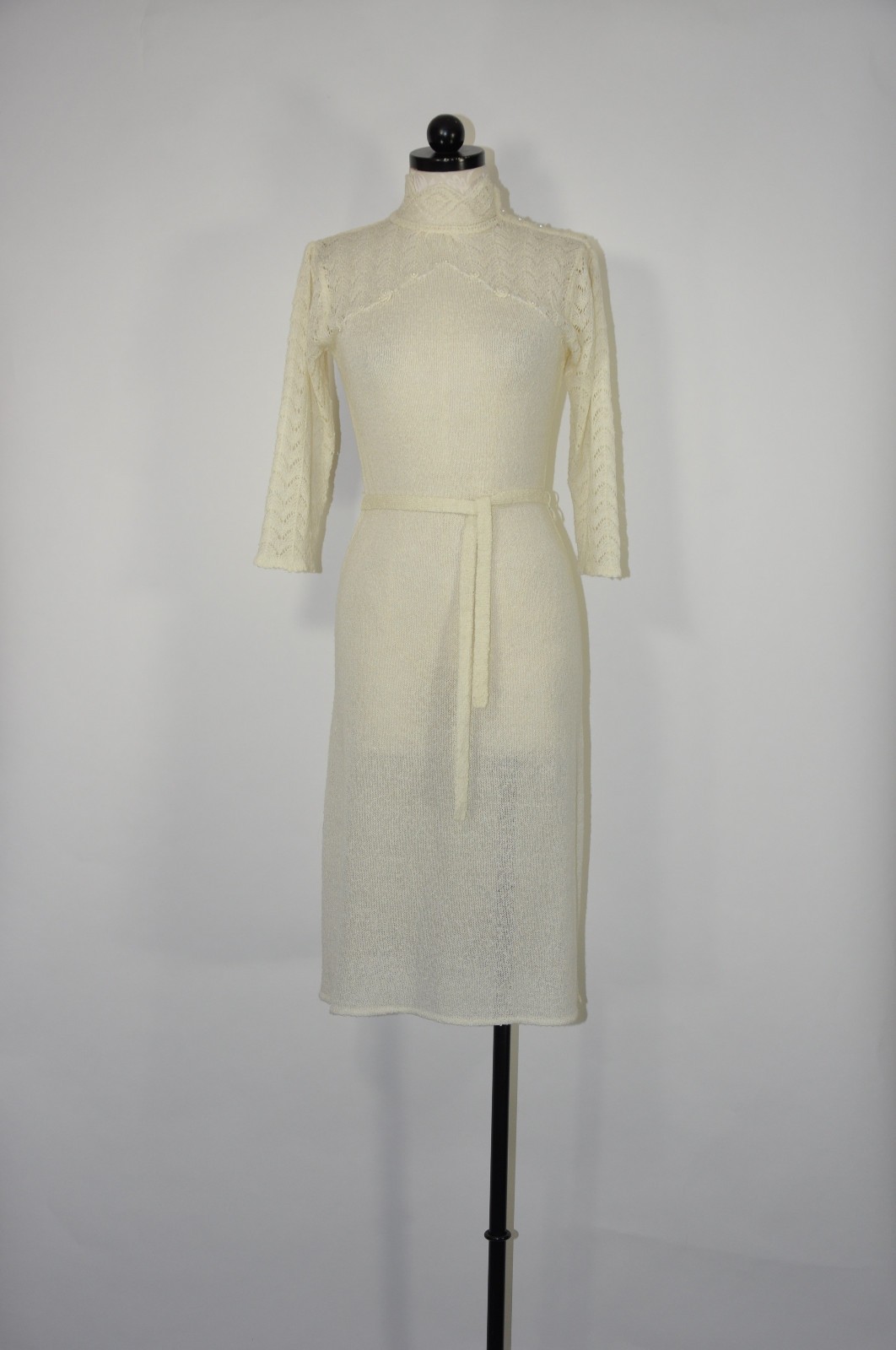 70s Vintage Cream Off White Pointelle Knit High Neck Pearl Sweater Dress Women M