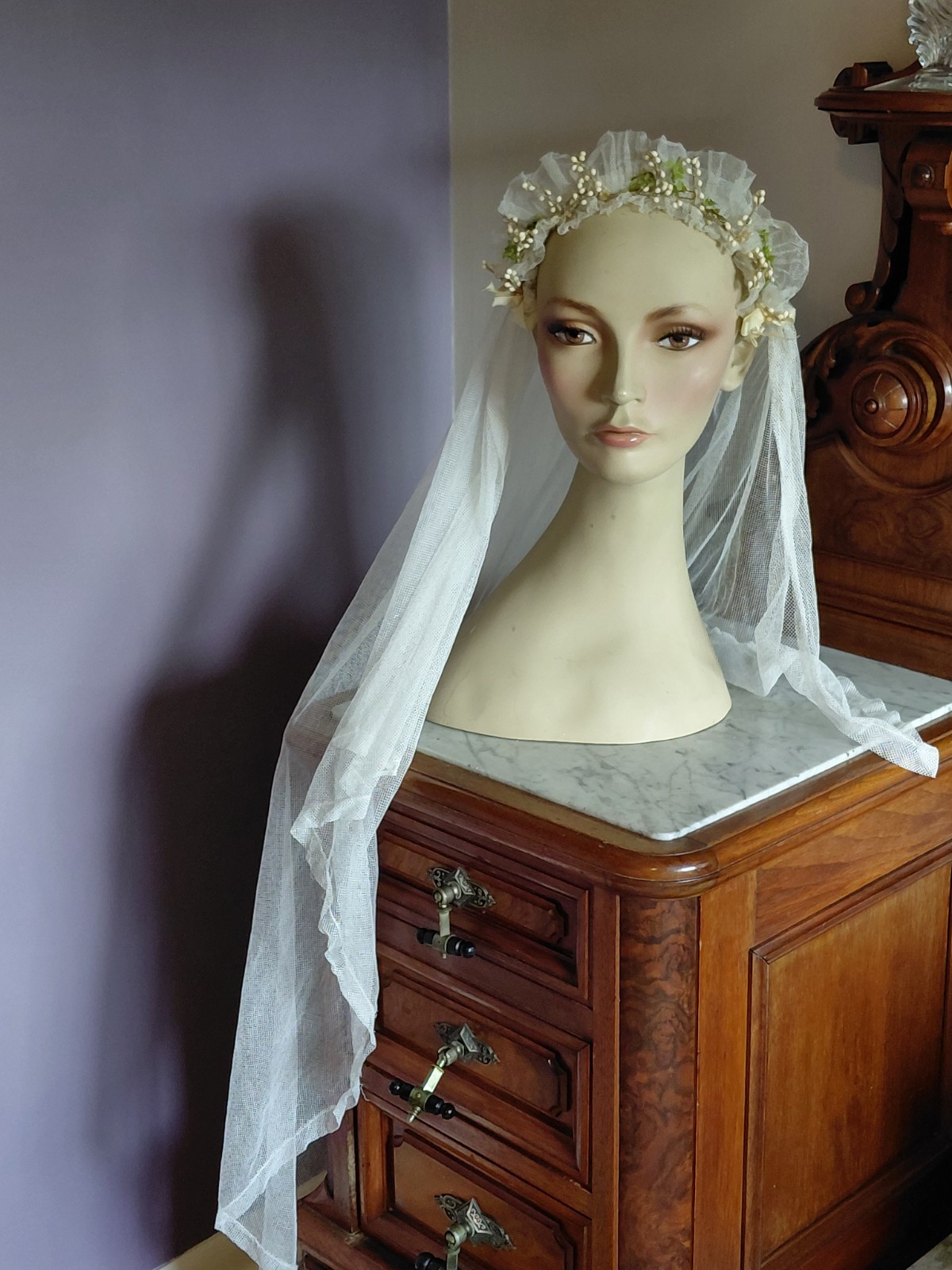 Antique Vintage 1920’s Wedding Bridal Veil Wax Orange Blossom Buds Peach Ribbons