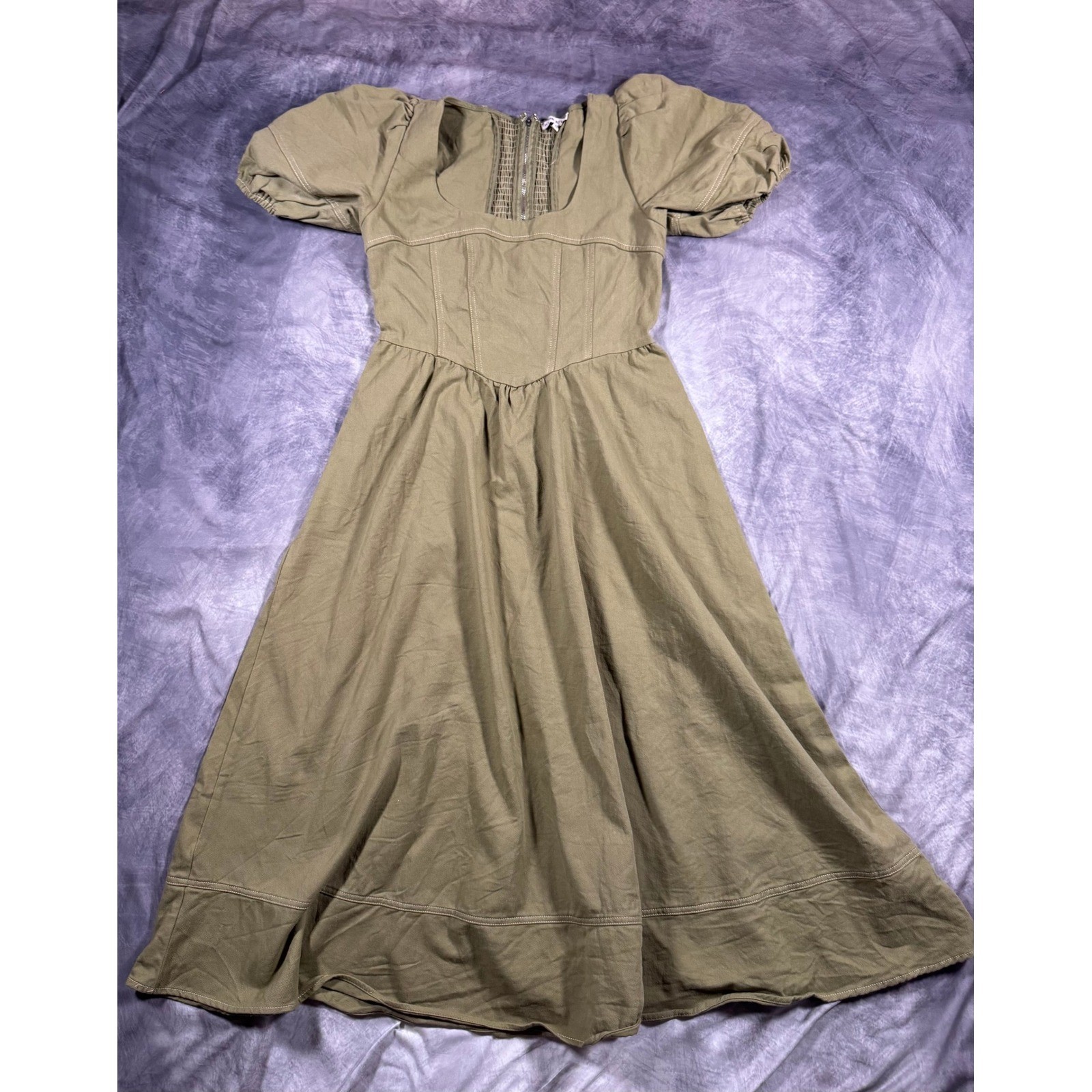 Renaissance Faire Olive Green Corset Midi Dress L Puff Sleeve Cottage Prairie