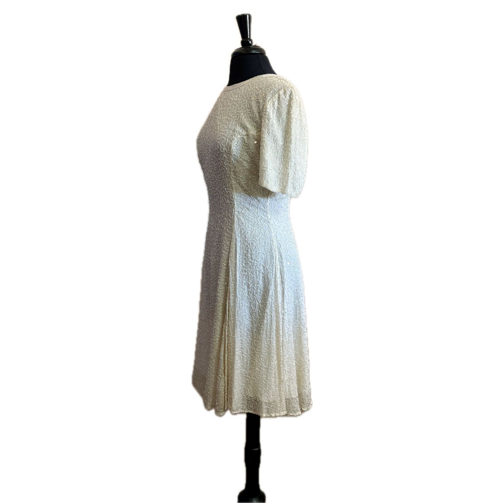 80s Vintage White Beaded A-Line Cocktail Dress Wedding Large