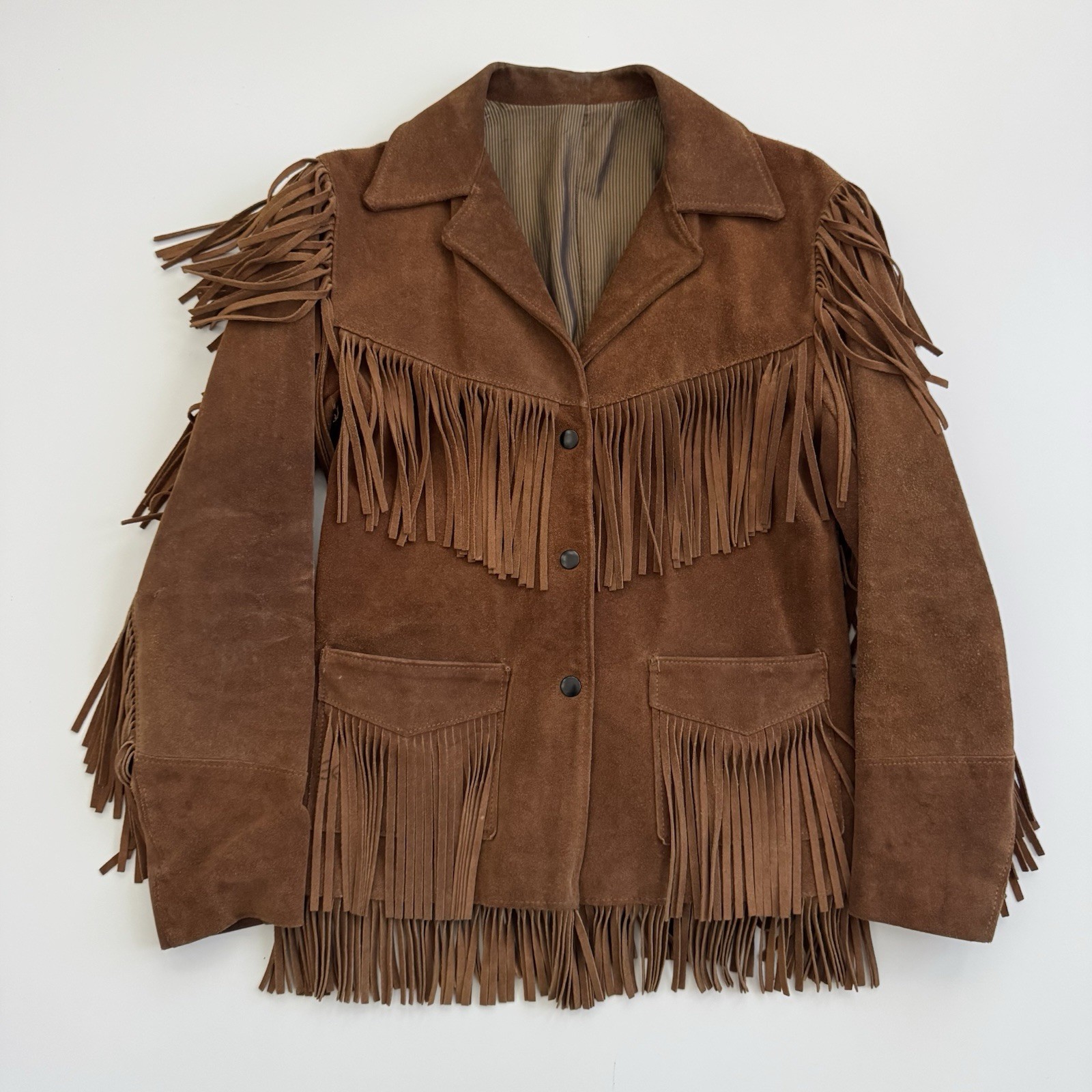 VTG 70s Jo-Kay Suede Leather Jacket Brown Western Fringe – Women’s S? 23x 17.5