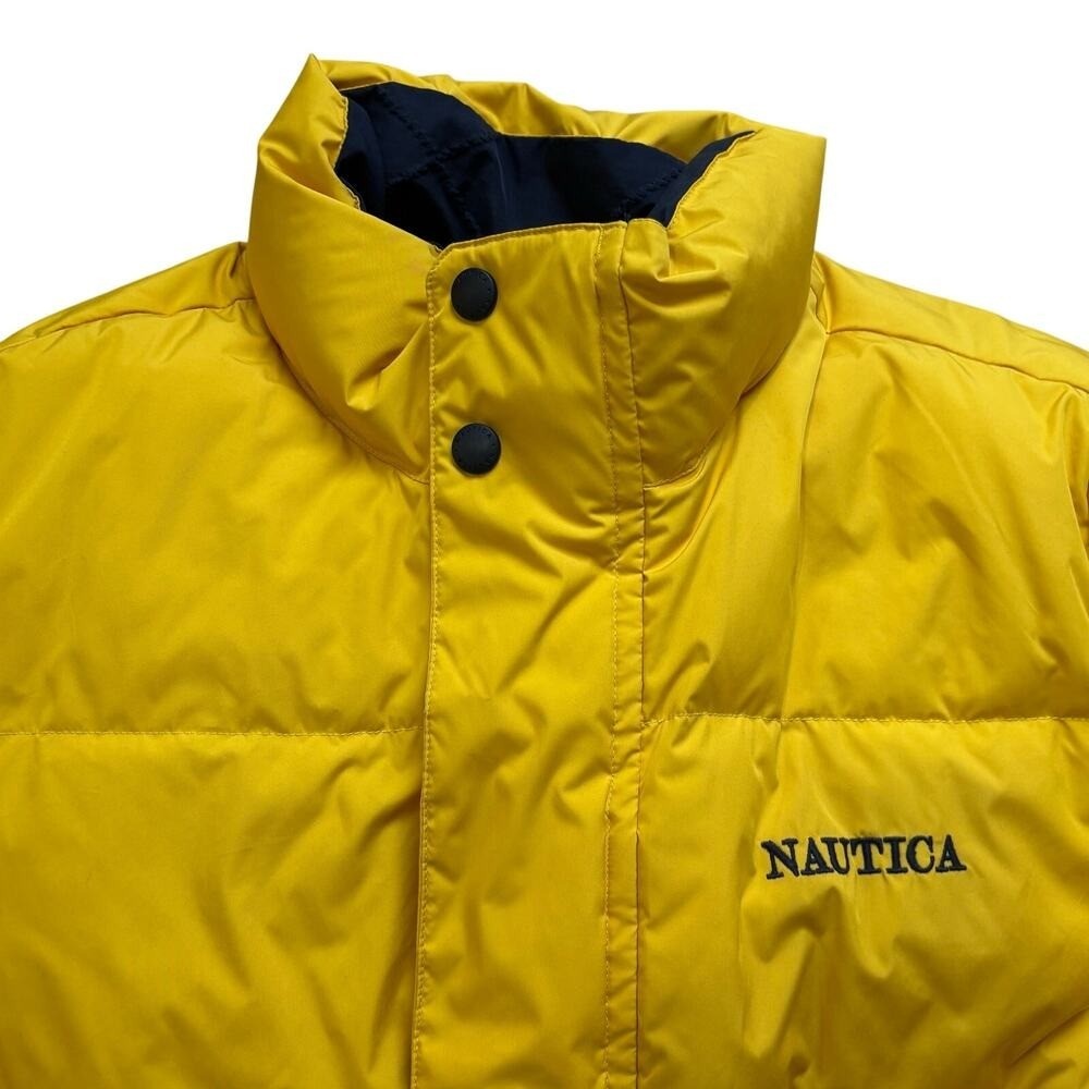 Nautica Sailing Puffer Jacket Vintage Reversible Blue Color Block Yellow 2XL 90s