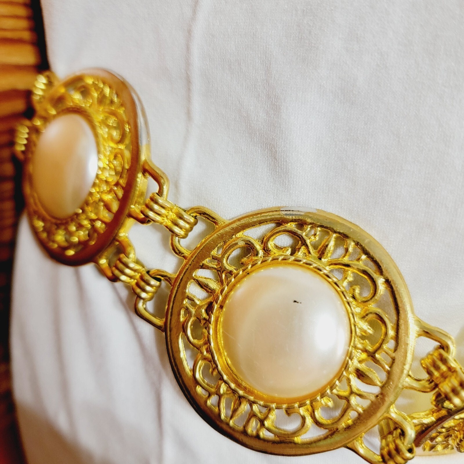 Vintage Harwill NY Ornate Faux Pearl & Gold-tone Adjustable Belt, 1980s Runway