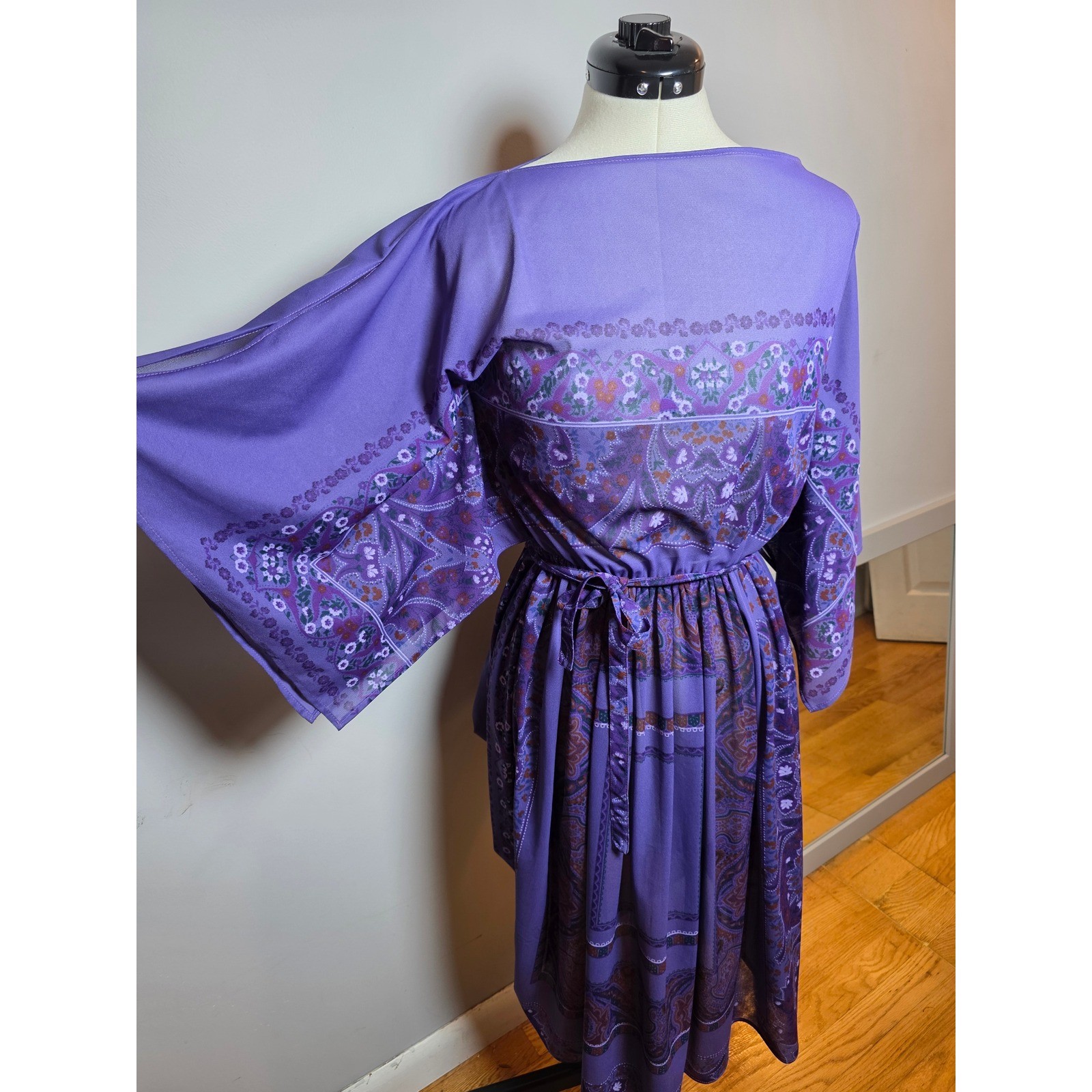Vintage Purple Paisley Boho Midi Dress Angel Sleeve Western CottageCore Festival