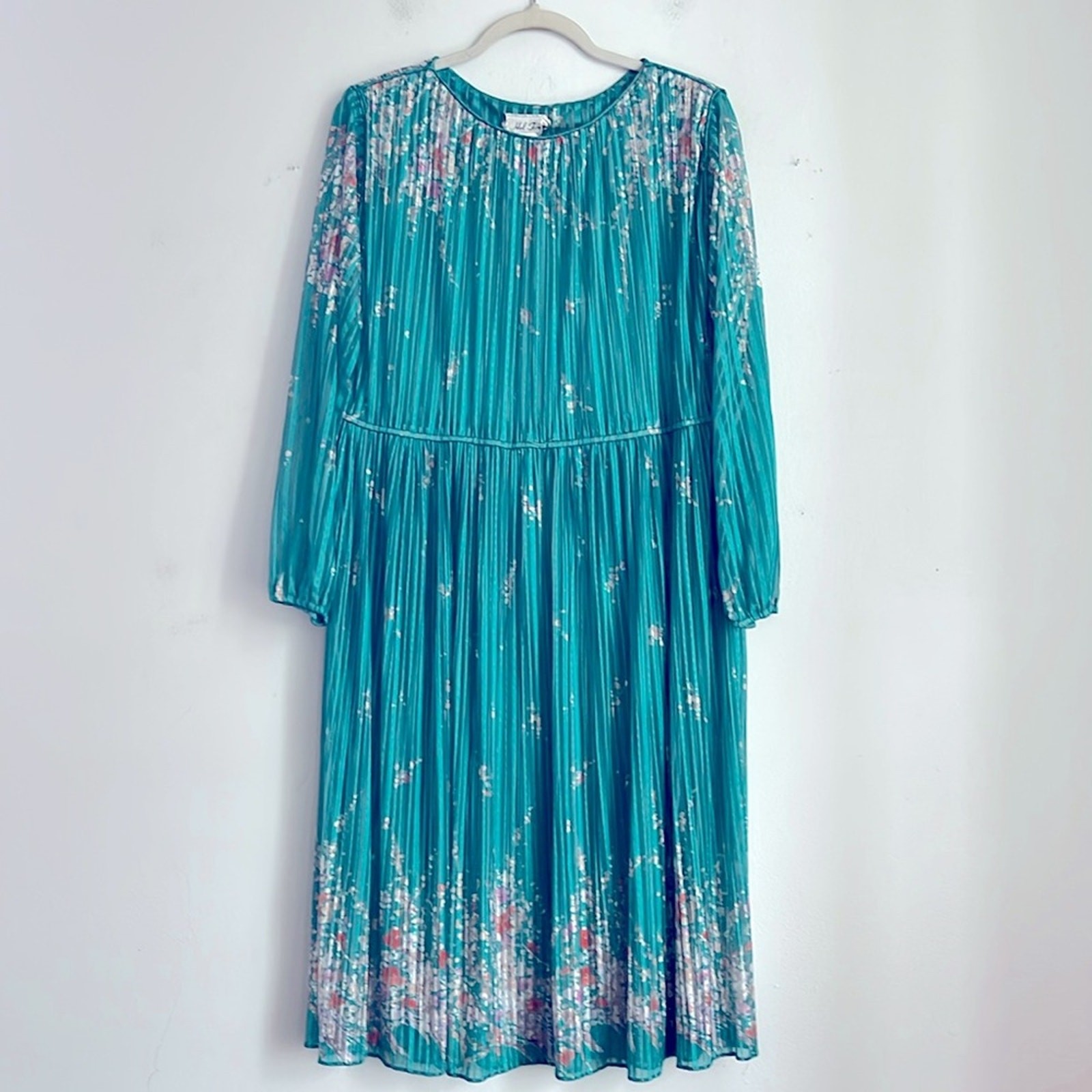 Vintage Hal Ferman floral print wide neck cinch waist long sleeve midi dress 10