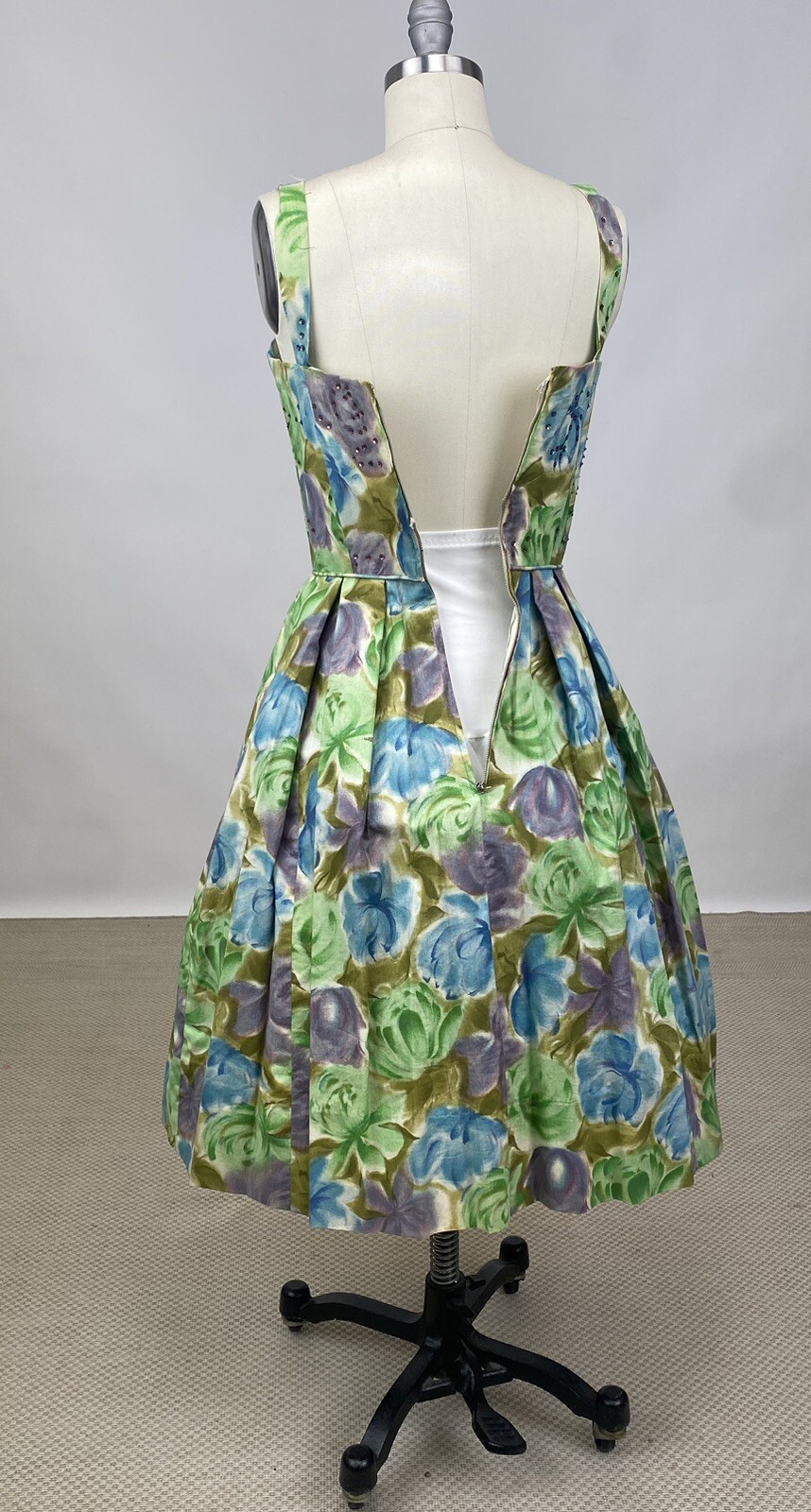 Vintage 1950s Cotton brushstroke floral cocktail party Dress Fit Flare As Is