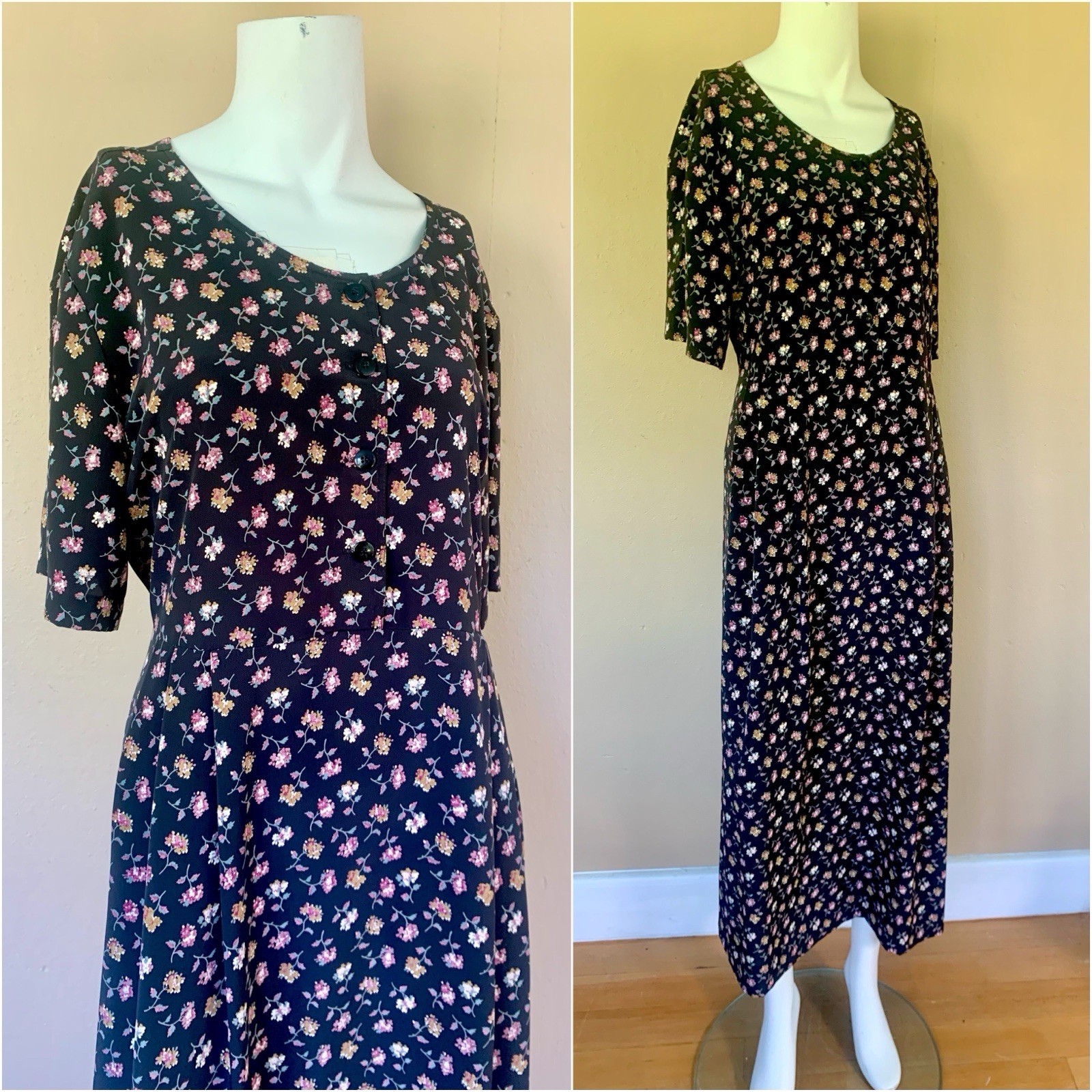 Vintage 90’s Black Floral Button Up MIDI Dress | Babydoll Maxi Dress w Waist Tie