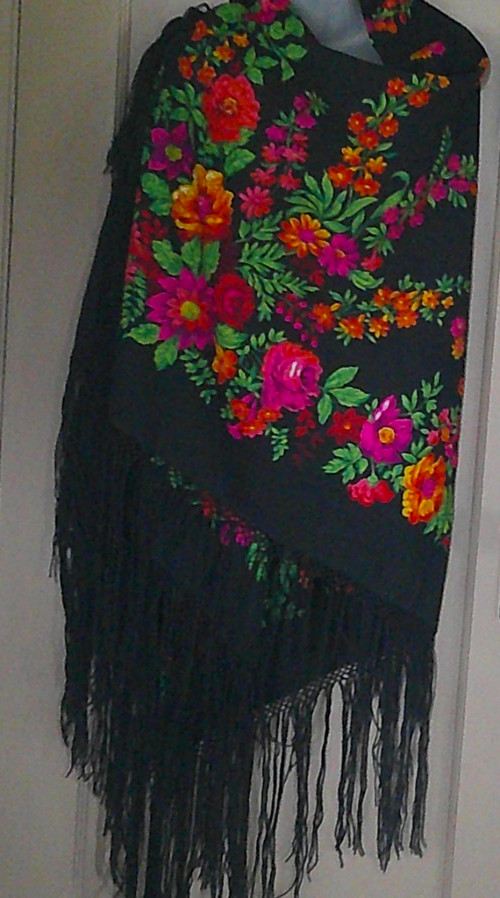 Piano Wrap Shawl Scarf Fringes Bright Floral 58X58 vintage, signed, Silk?