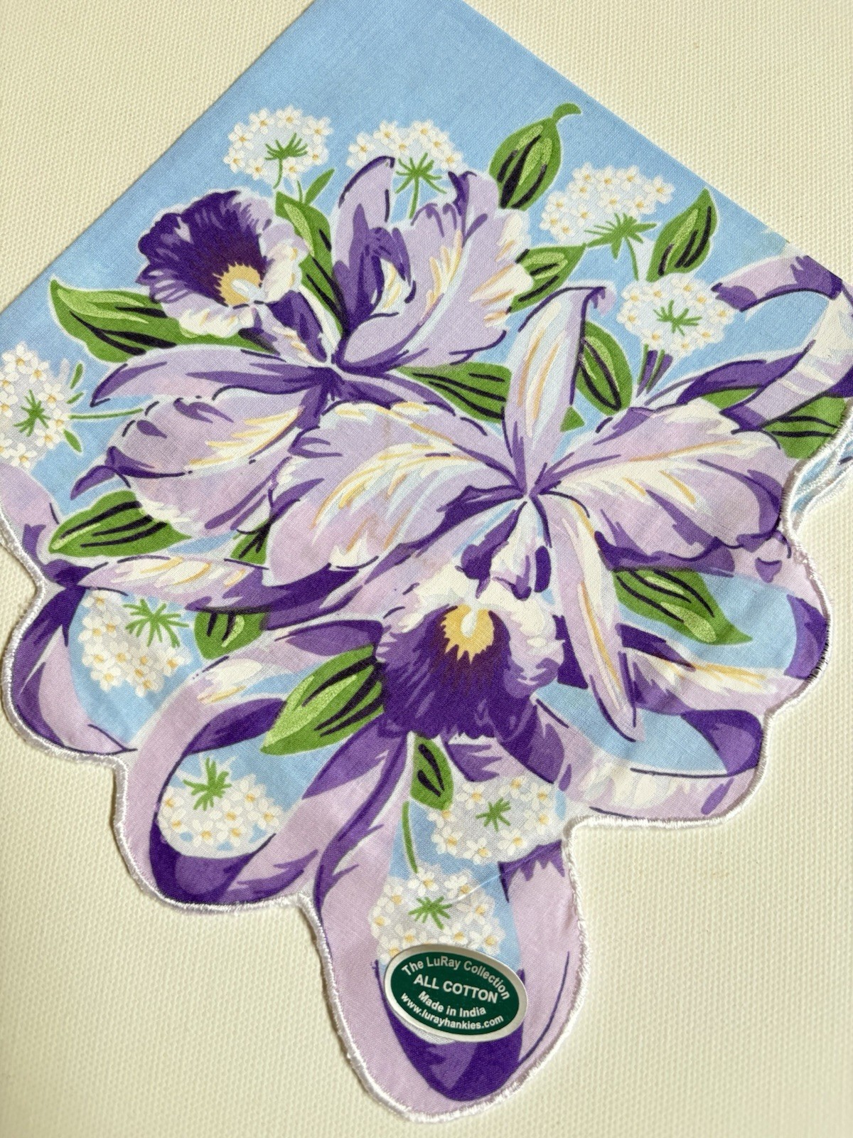 Stunning New LuRay Purple IRIS Handkerchief Hankie With Lovely Scalloped Border