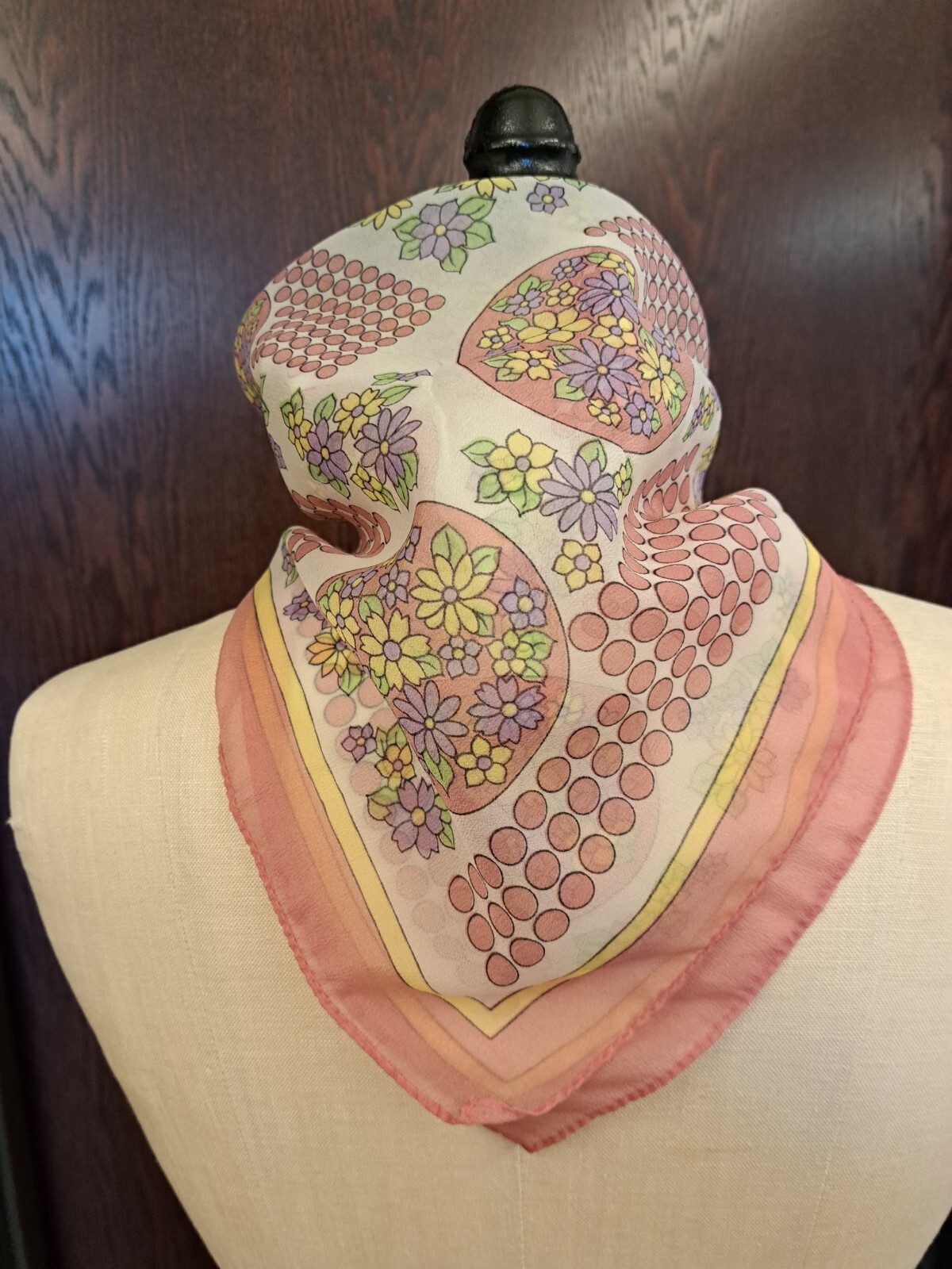 Vintage Pastel Floral Headscarf, 20 Inches Square. Synthetic Fiber.