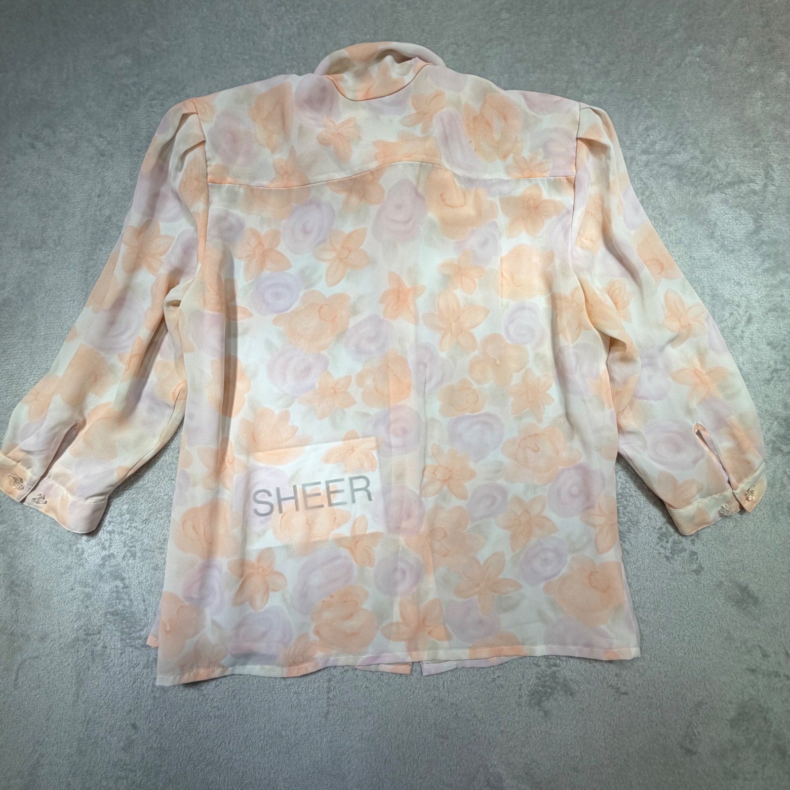 Vintage Josephine 80s Pastel Floral Bow Blouse Size 16 Peach Lavender Sheer
