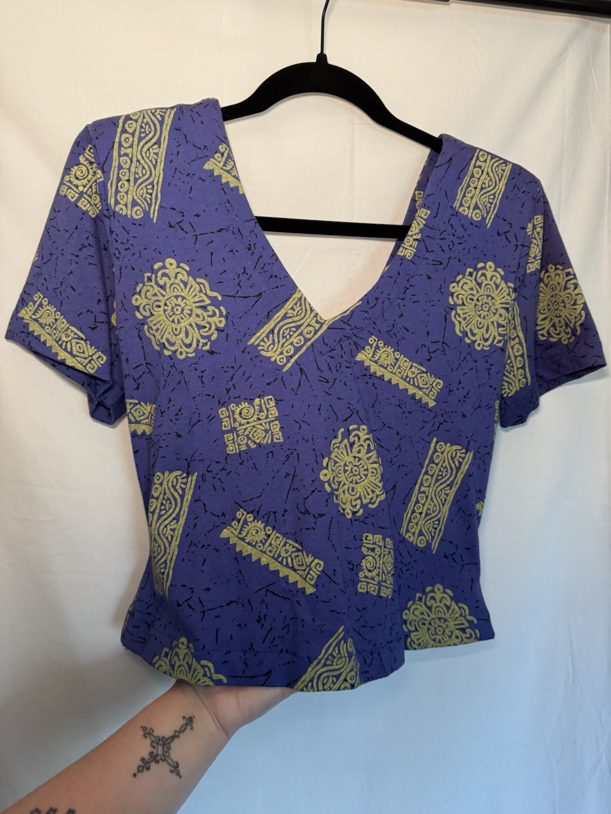 Vintage 90s IN2 Crop Top Womens Small Purple Green Batik Cotton V-Neck Made USA