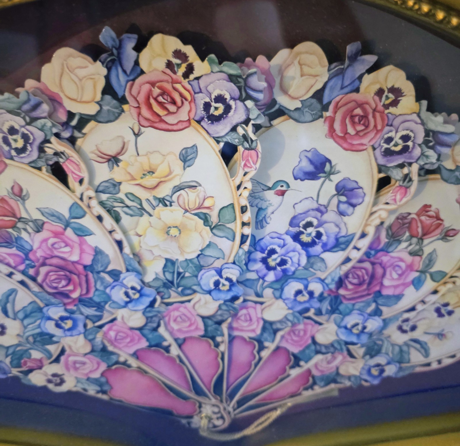 Vintage Paper Fan Framed Gold Plastic Shadow Box Victorian Style Pink Flowers