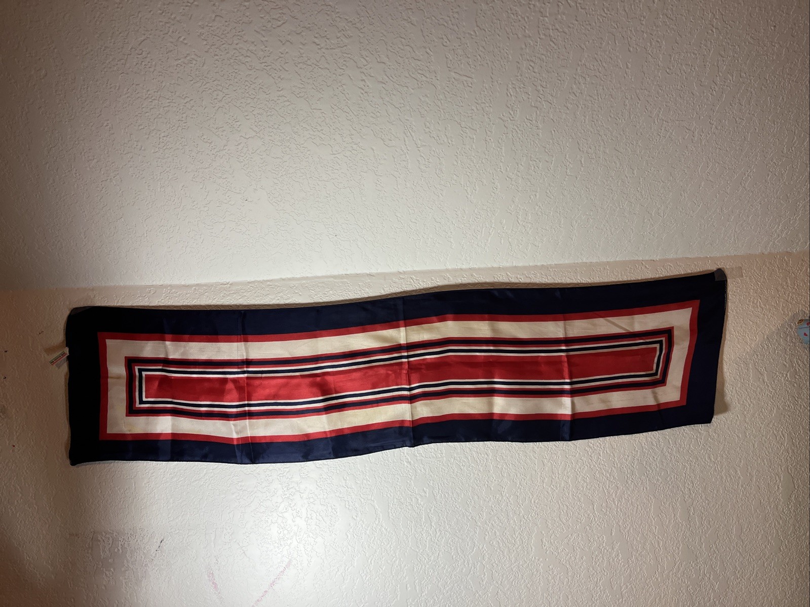 Vintage Scarf 41” Long x10” Wide Red White Blue Made In Italy 100% Acetate
