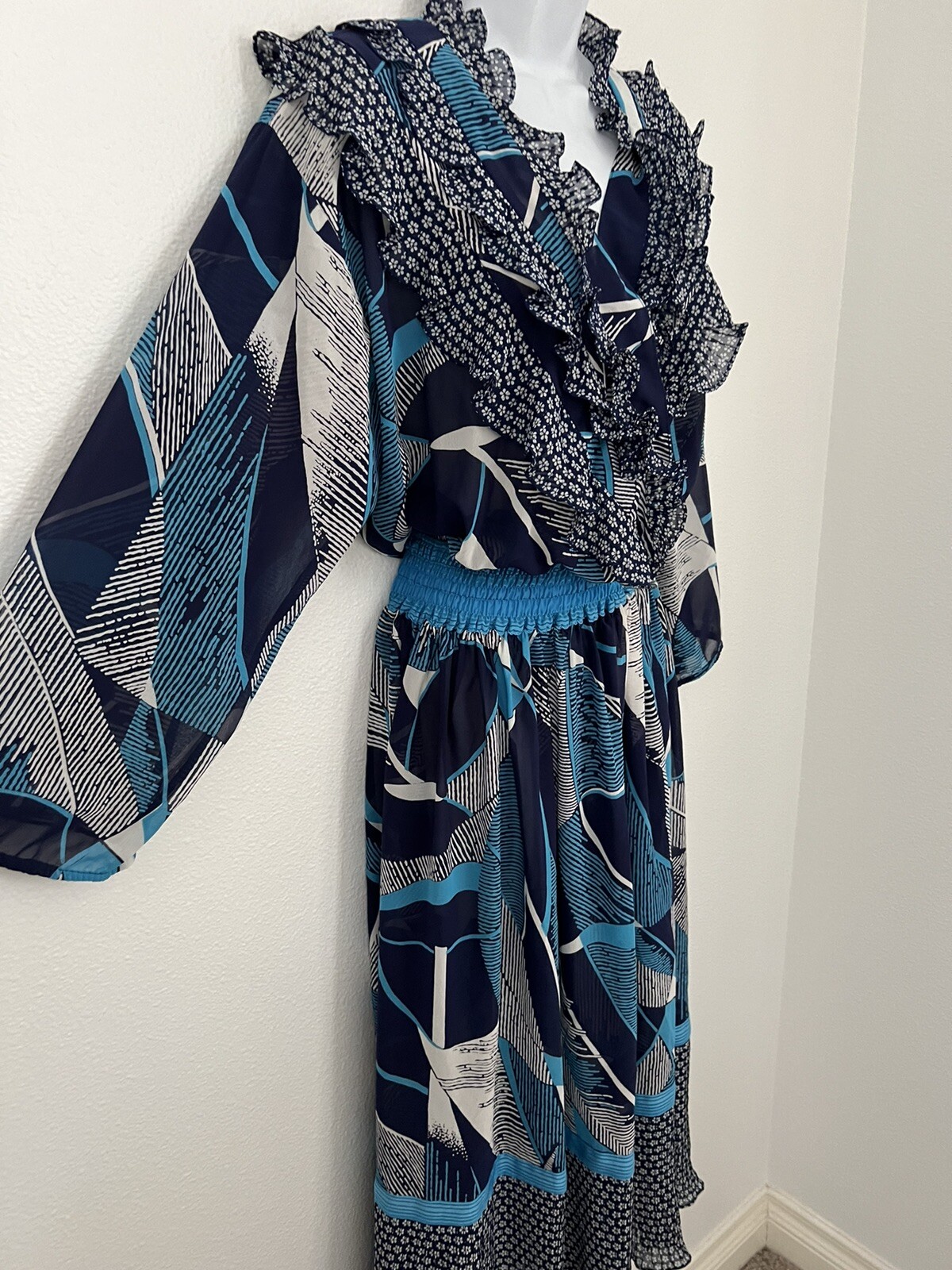 Vintage Lachine 80s Dress Boho Floral Patchwork Faux Wrap Maxi MIDI Dress M