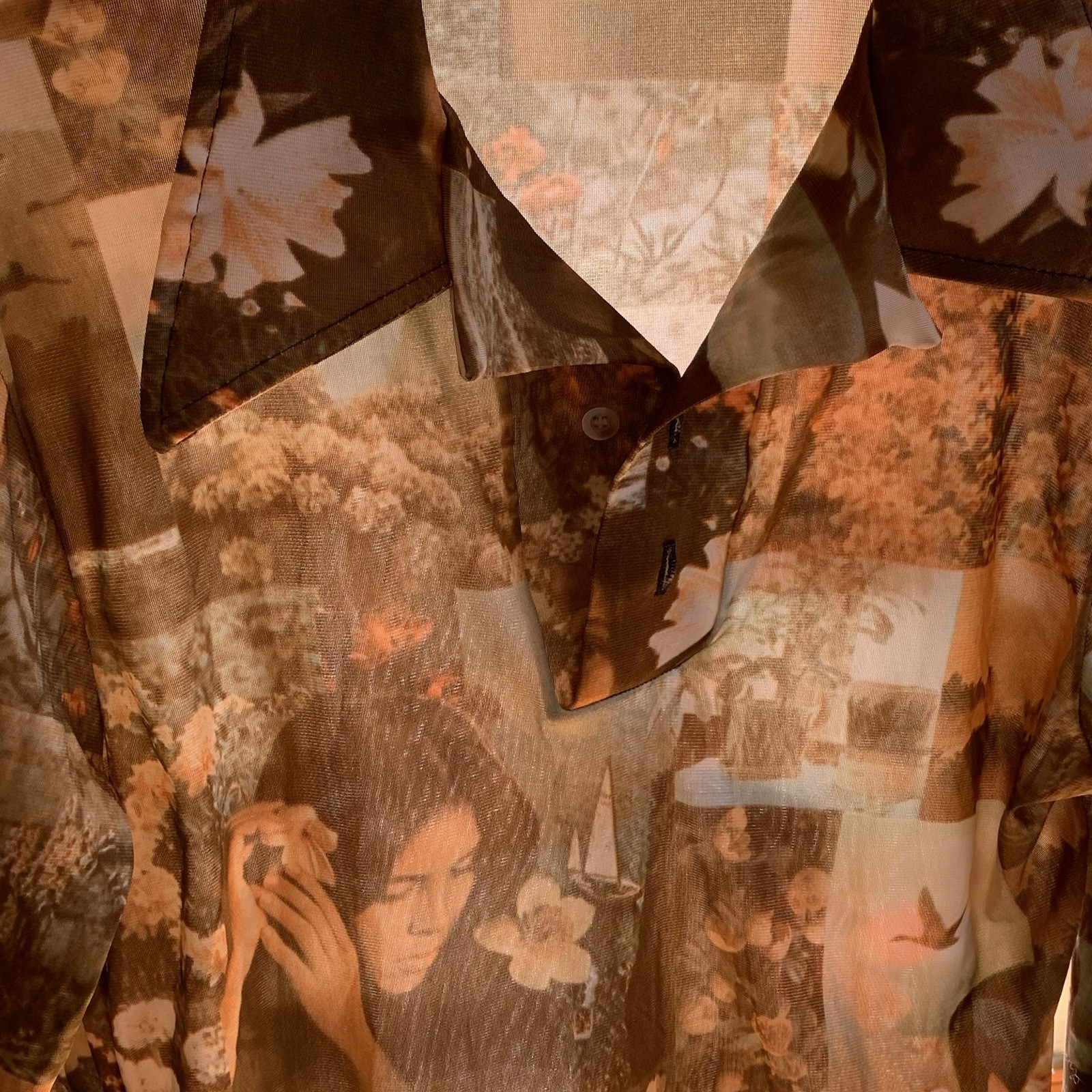 Vtg 70s Hawaiian Themed All-Over Print Shirt Lrg LS 2 Button Disco Acetate/Rayon
