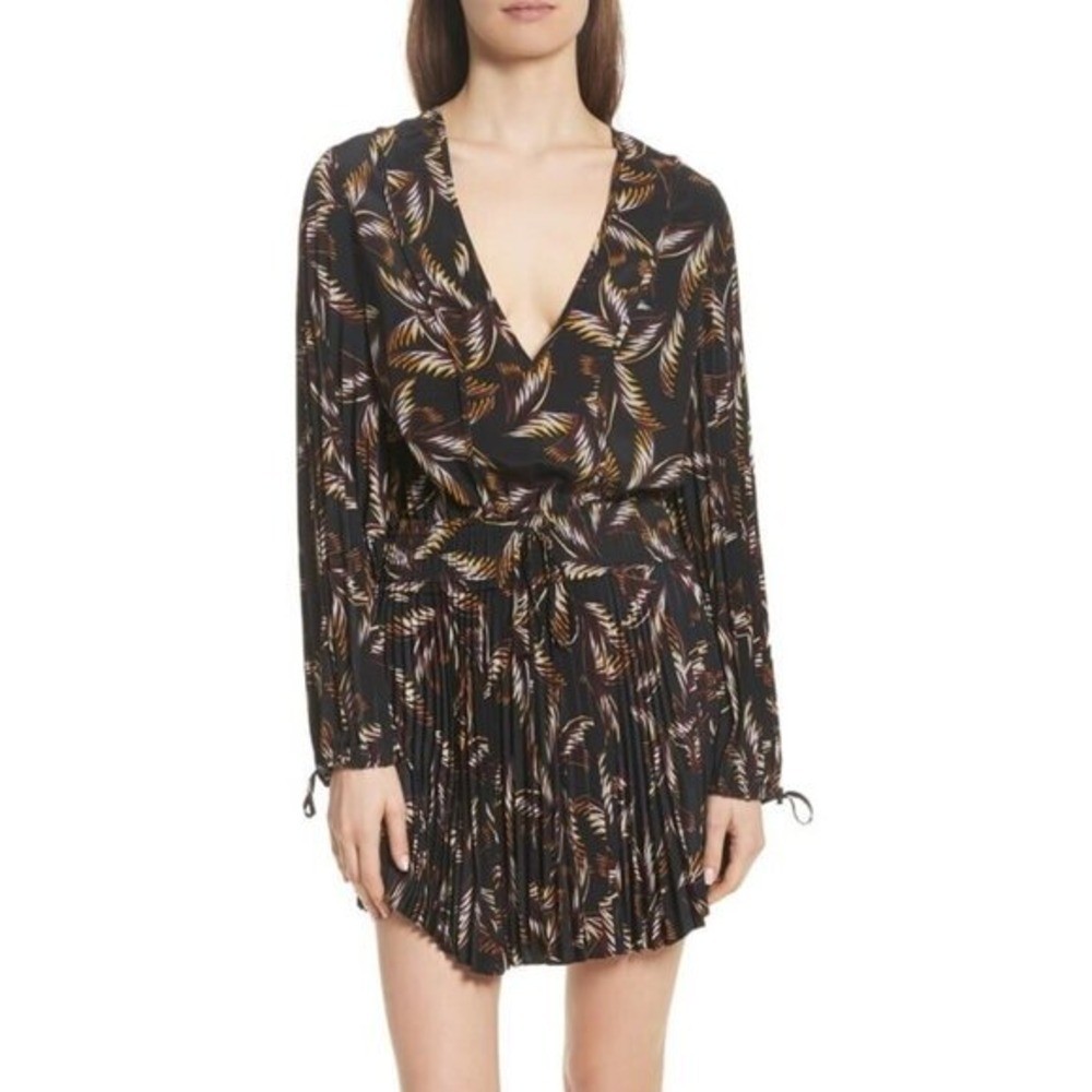 A.L.C. Rory Pleated palm leaves Retro Miami Cocktail V-neck Silk Mini Dress