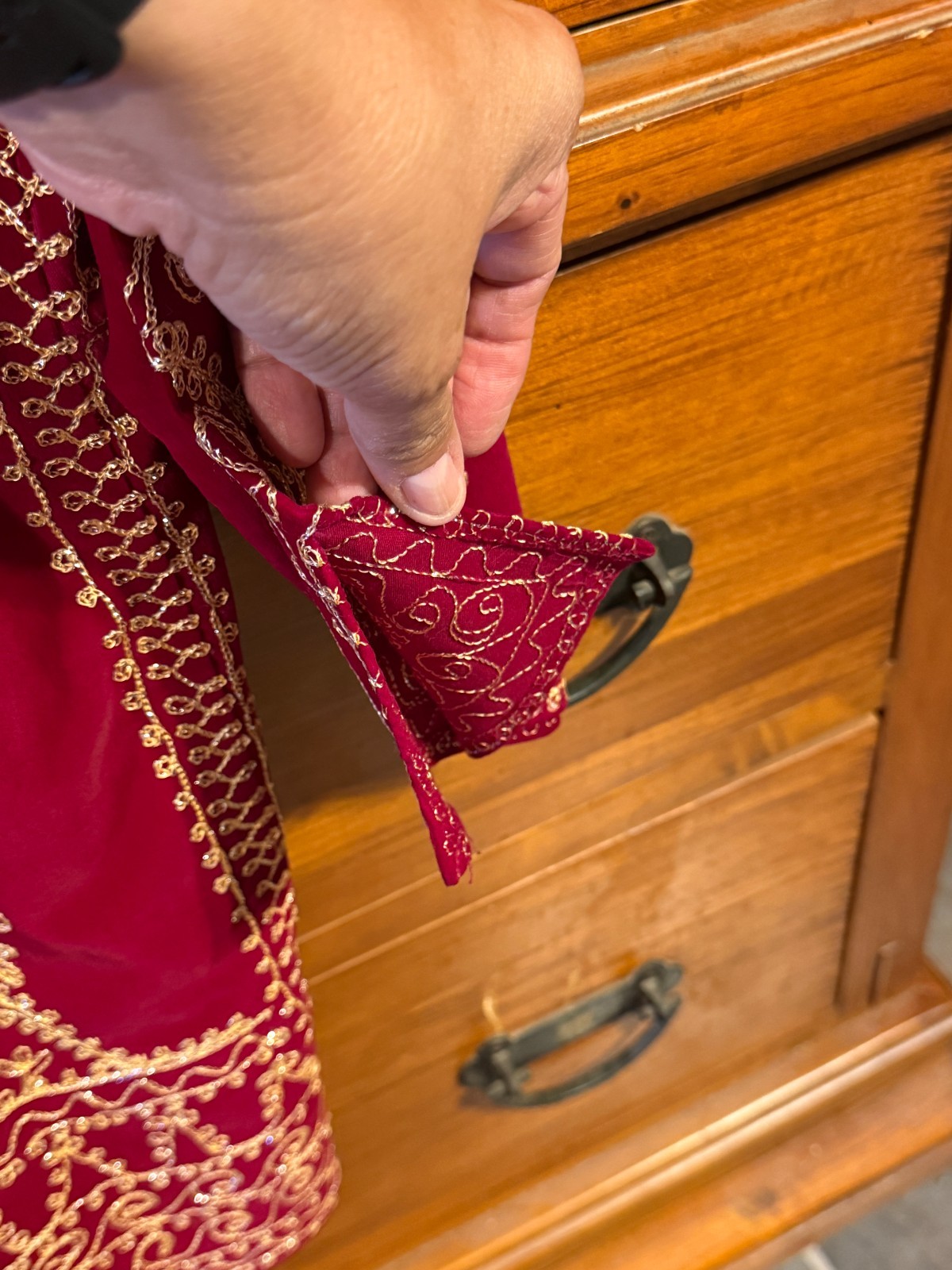 Vintage Dark Red Velvet Tunic Gold Metallic Thread Embroidery Kurta Boho Top