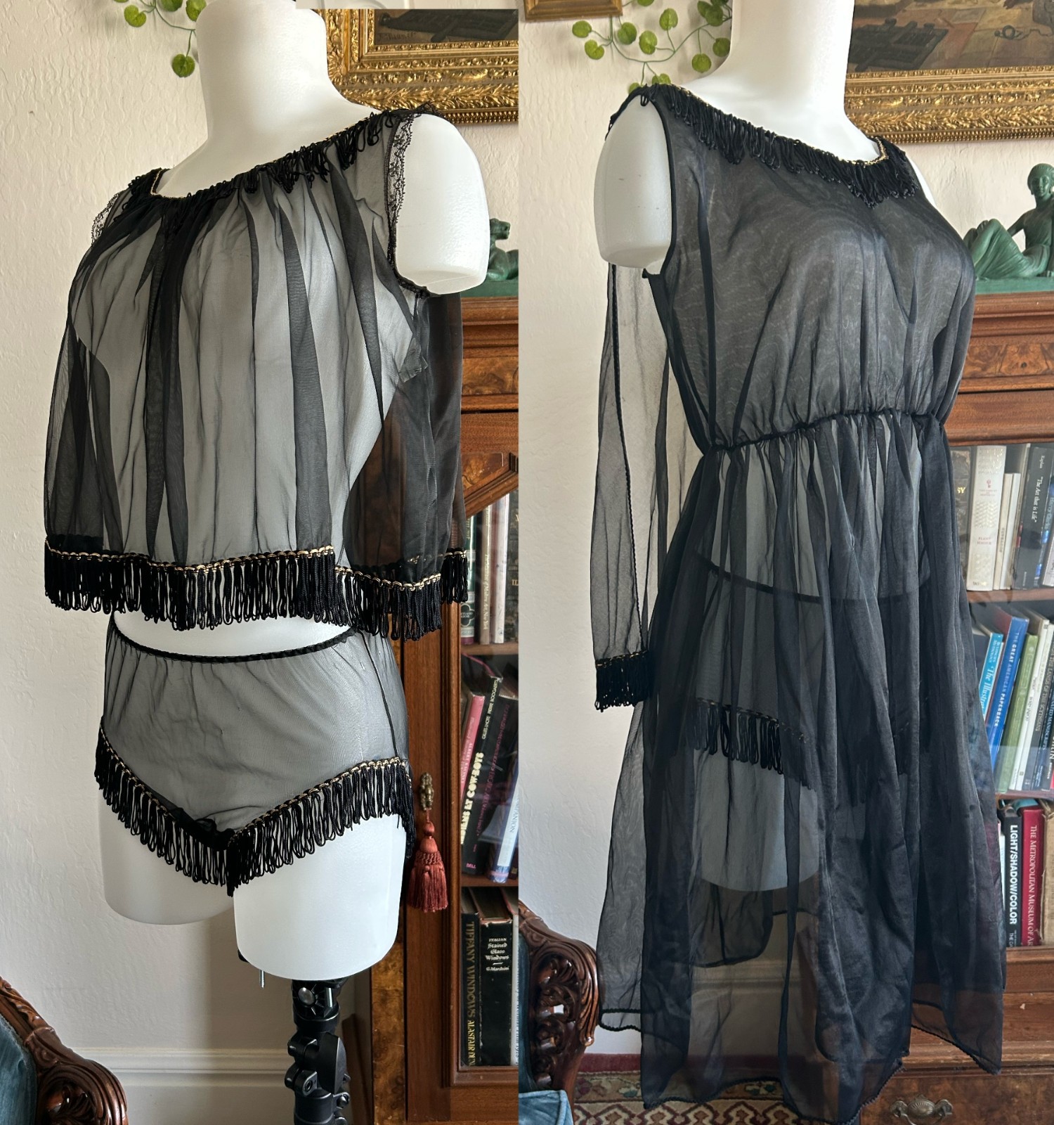 Incredible Vintage 50s 60s 3pc FRINGE Lingerie Set MCM gogo with Cape Peignoir S