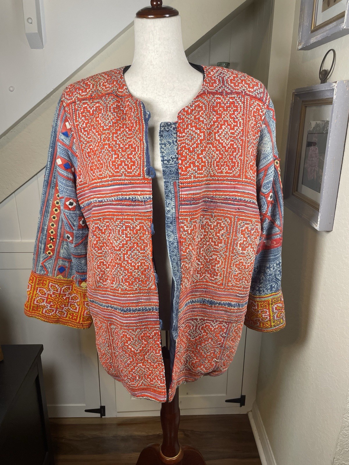 Vintage Hmong Style Embroidered Jacket Boho Ethnic Artisan Indigo Print XL