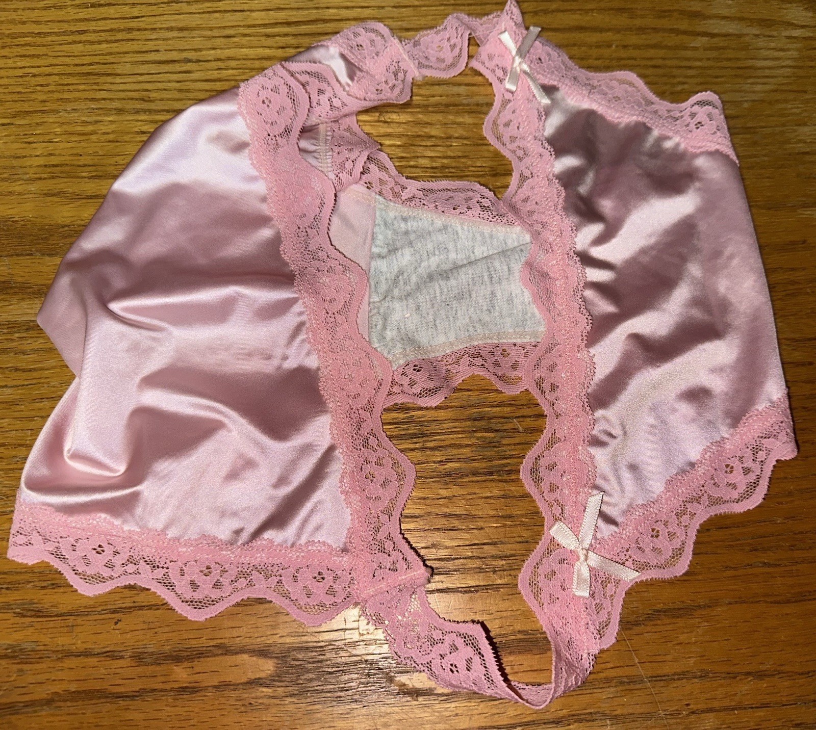 Glossy Pink 2nd Skin Satin & Lace Buttery Soft String Bikini Pantie XL NEW