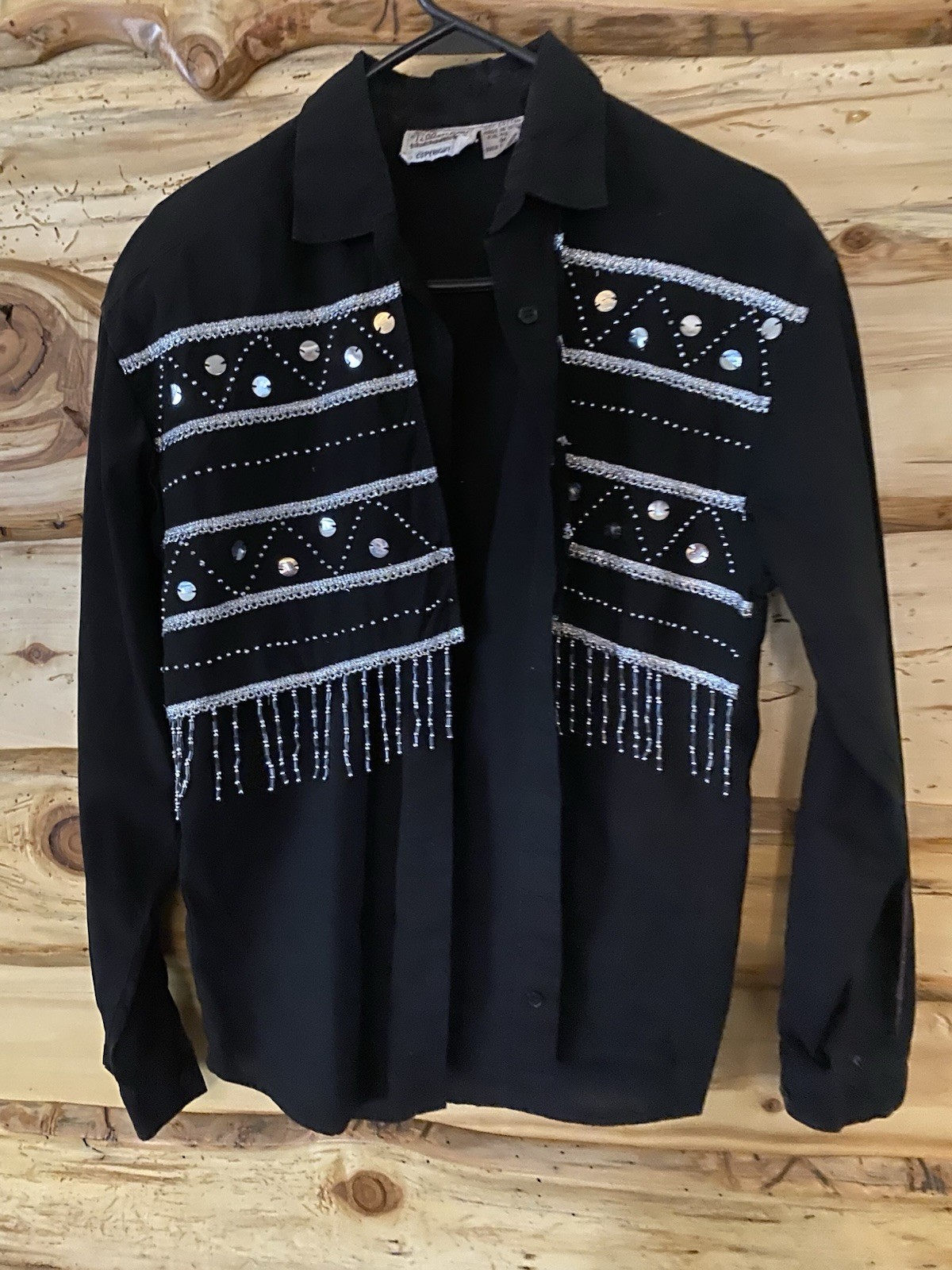 Wemons Vintage Country Shirt Long Sleeves Beautiful Beads Black & Silver