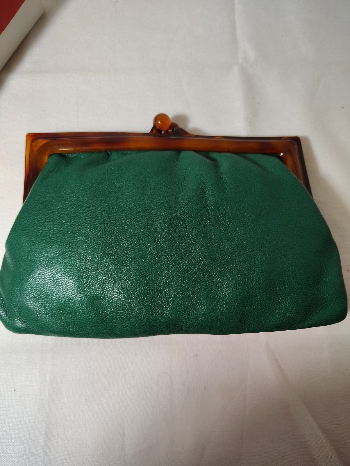 Vintage Italian Green Leather Kiss Lock Coin Purse Lucite Tortoise Clasp