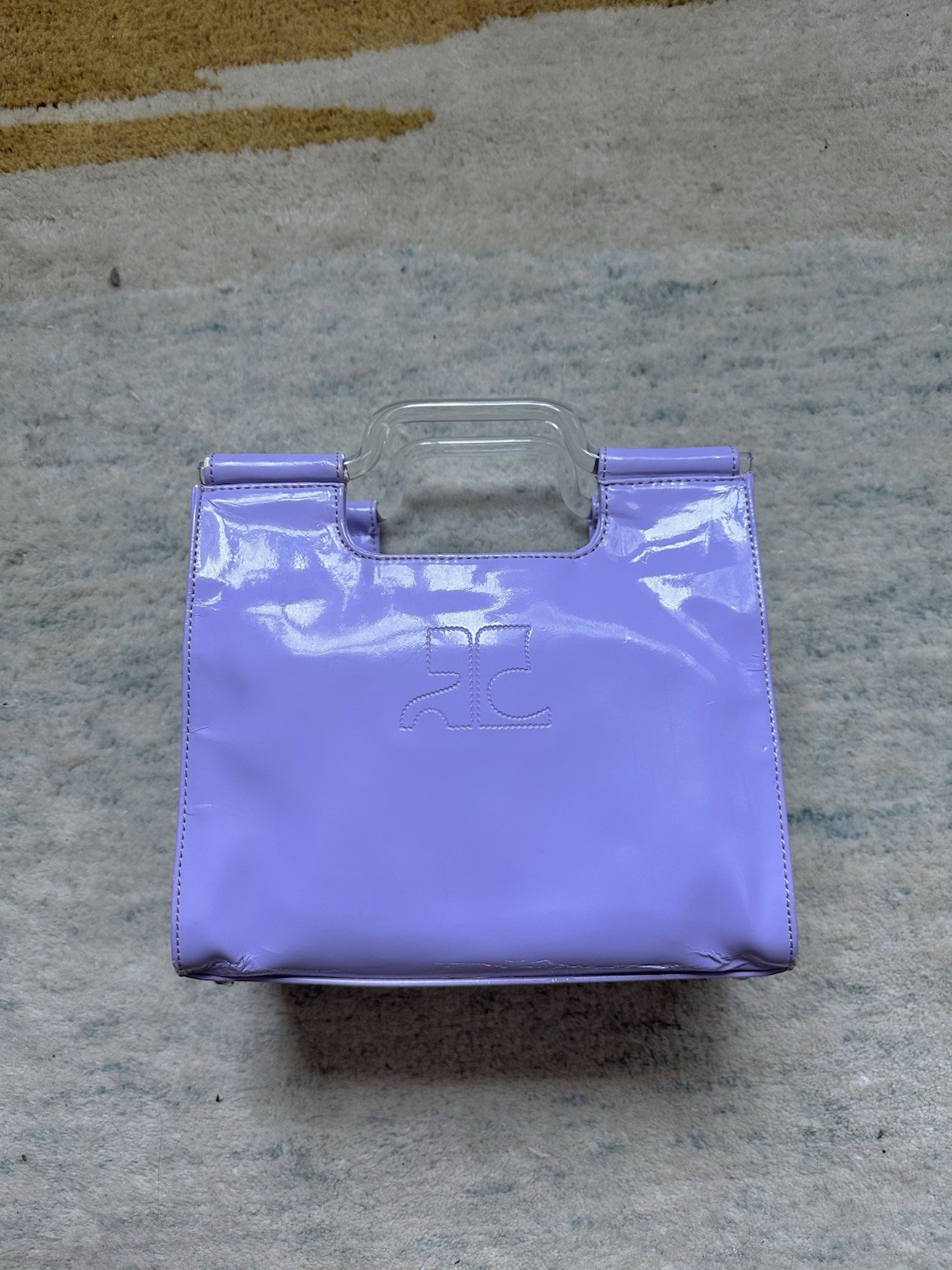 Rare Vintage Courreges Acrylic Clear Top Handle Periwinkle Purple Purse Logo