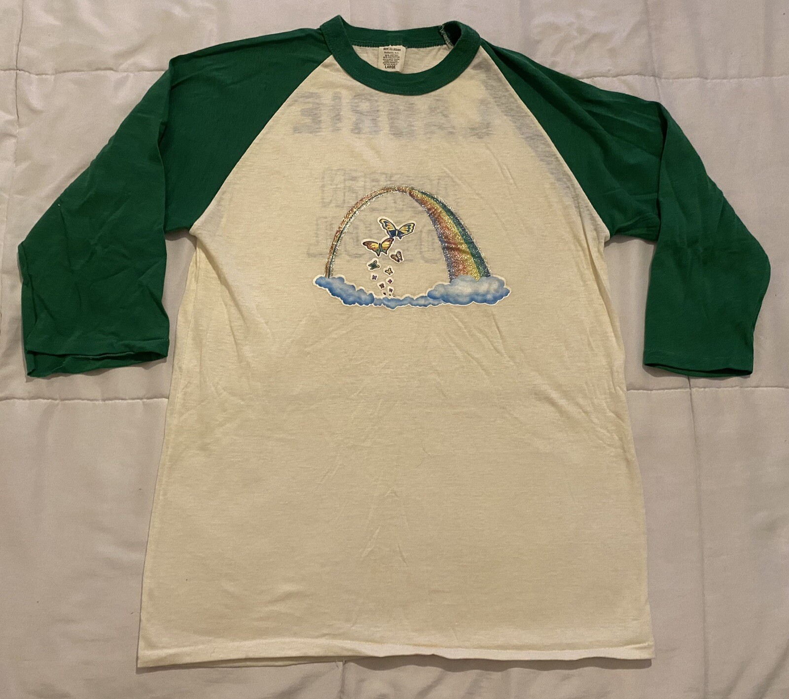 Vintage 1980s Acteen Council M Raglan T-Shirt Butterflies Rainbow Single Stitch