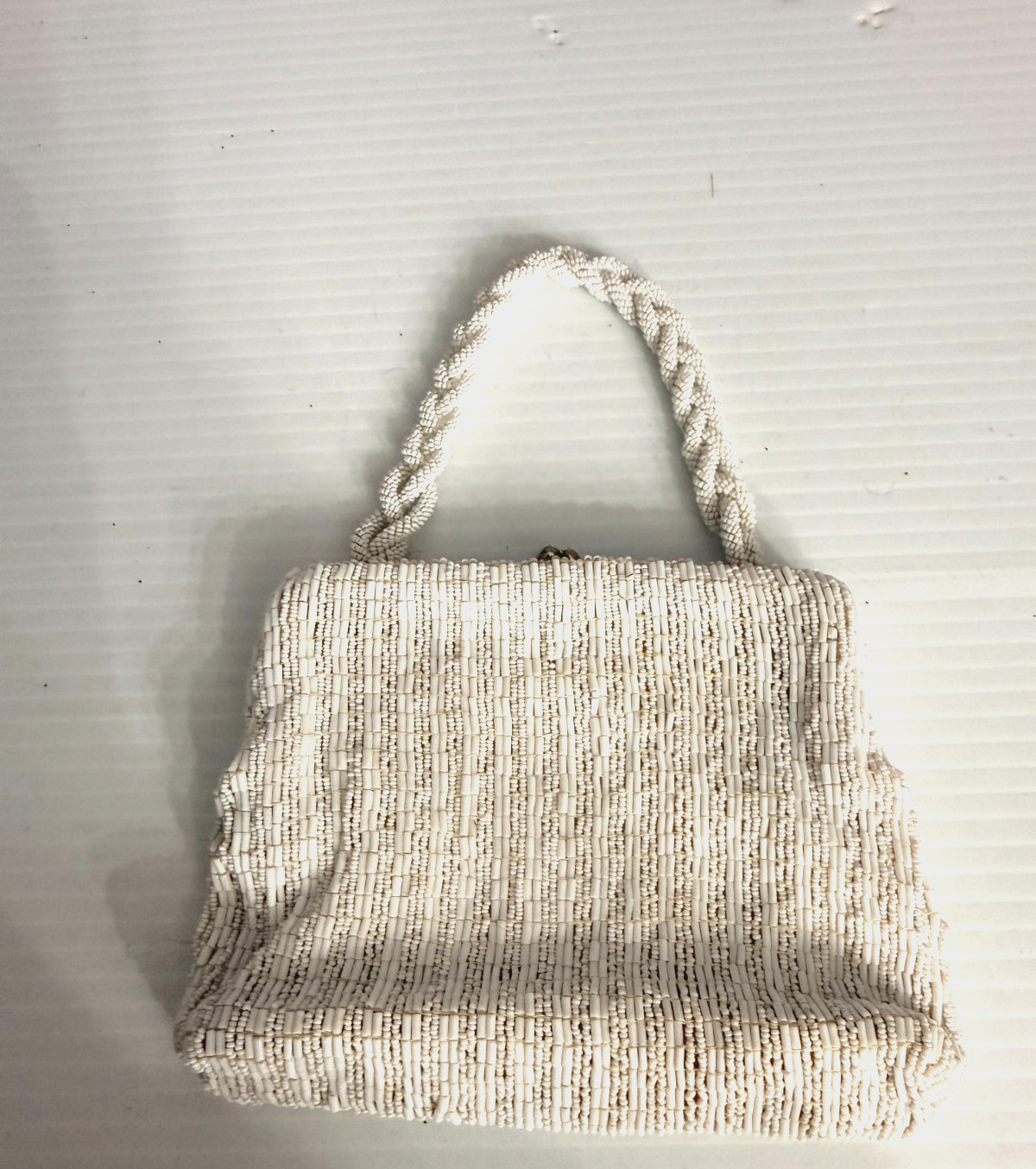 Vintage 1950s Czech Beaded Handbag White Glass Evening Purse Czechoslovakia