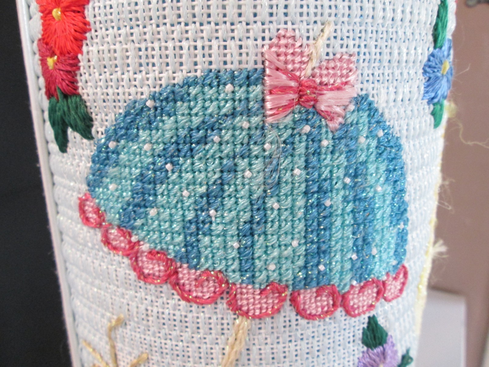 Vintage Umbrella Stand Embroidery Handmade Sequins 25in Needlework