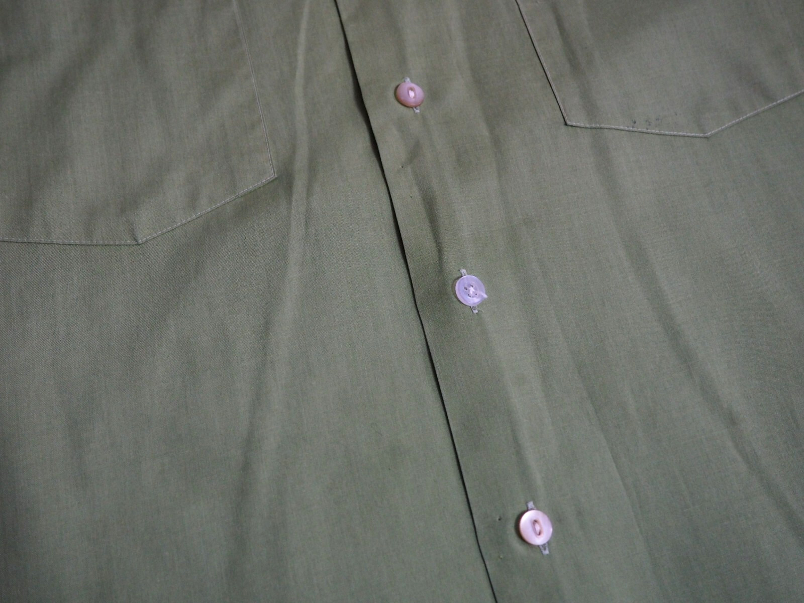 VTG 70s Penneys Towncraft Faded Green Pocket Polycotton Hippy Button Shirt M