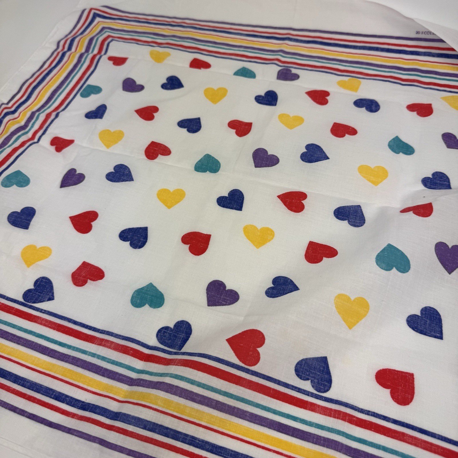 Vtg Rainbow Hearts Bandana Handkerchief Scarf White USA Made Pride 80s 90s