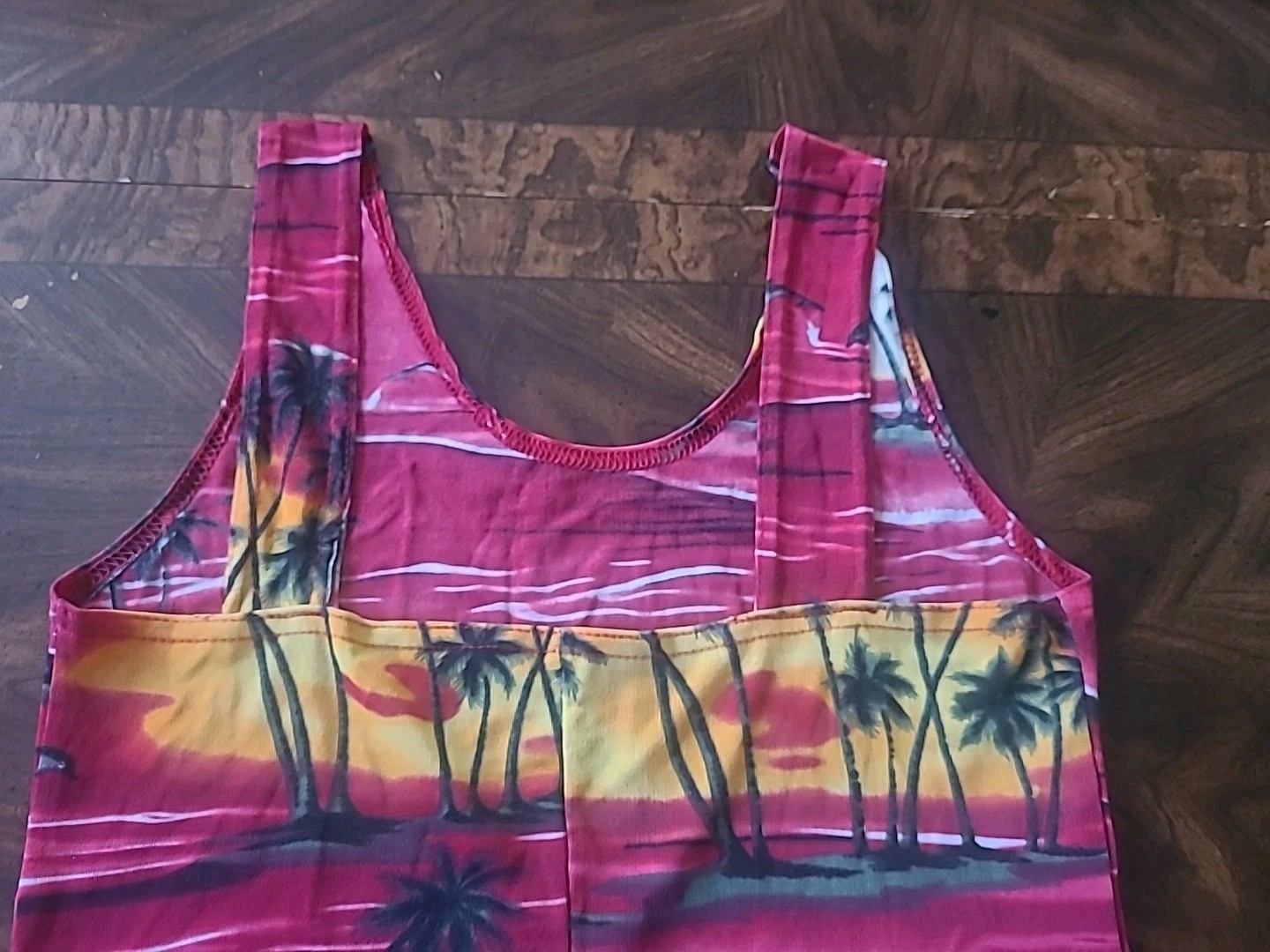Vintage Red Hawaiian Sundress Tropical Sunset Palm Tree Print Sleeveless Size L