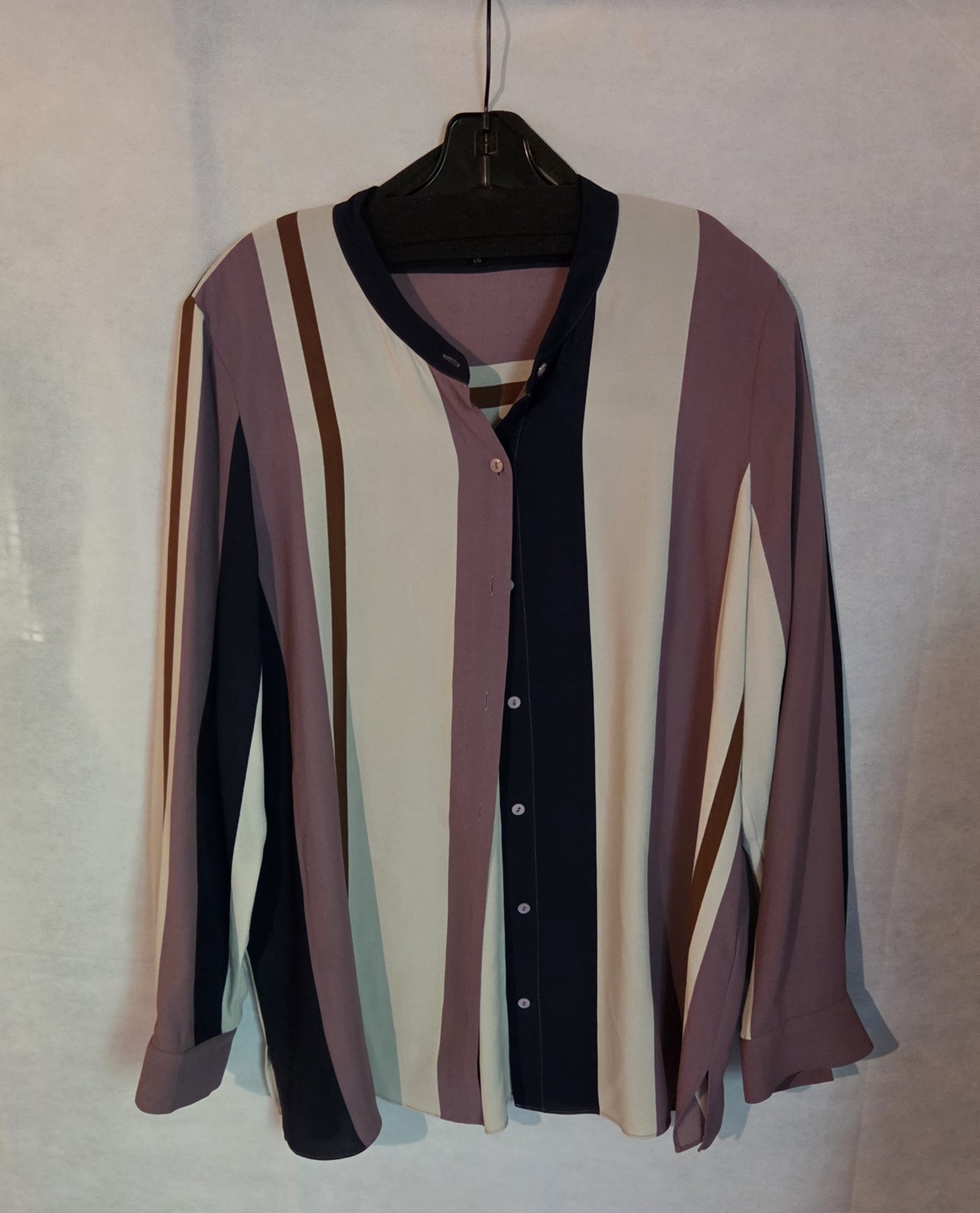 Eileen Fisher Silk Blend Multicolor Vertical Stripe Mandarin Collar Blouse L