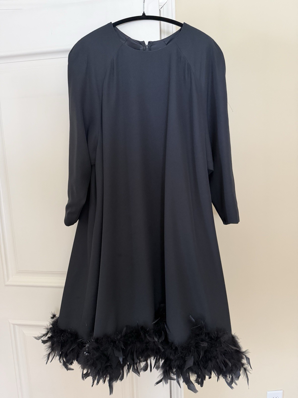 Vintage Miss Elliette Black Feather Trim Dress Long Sleeve 1960s Size 22